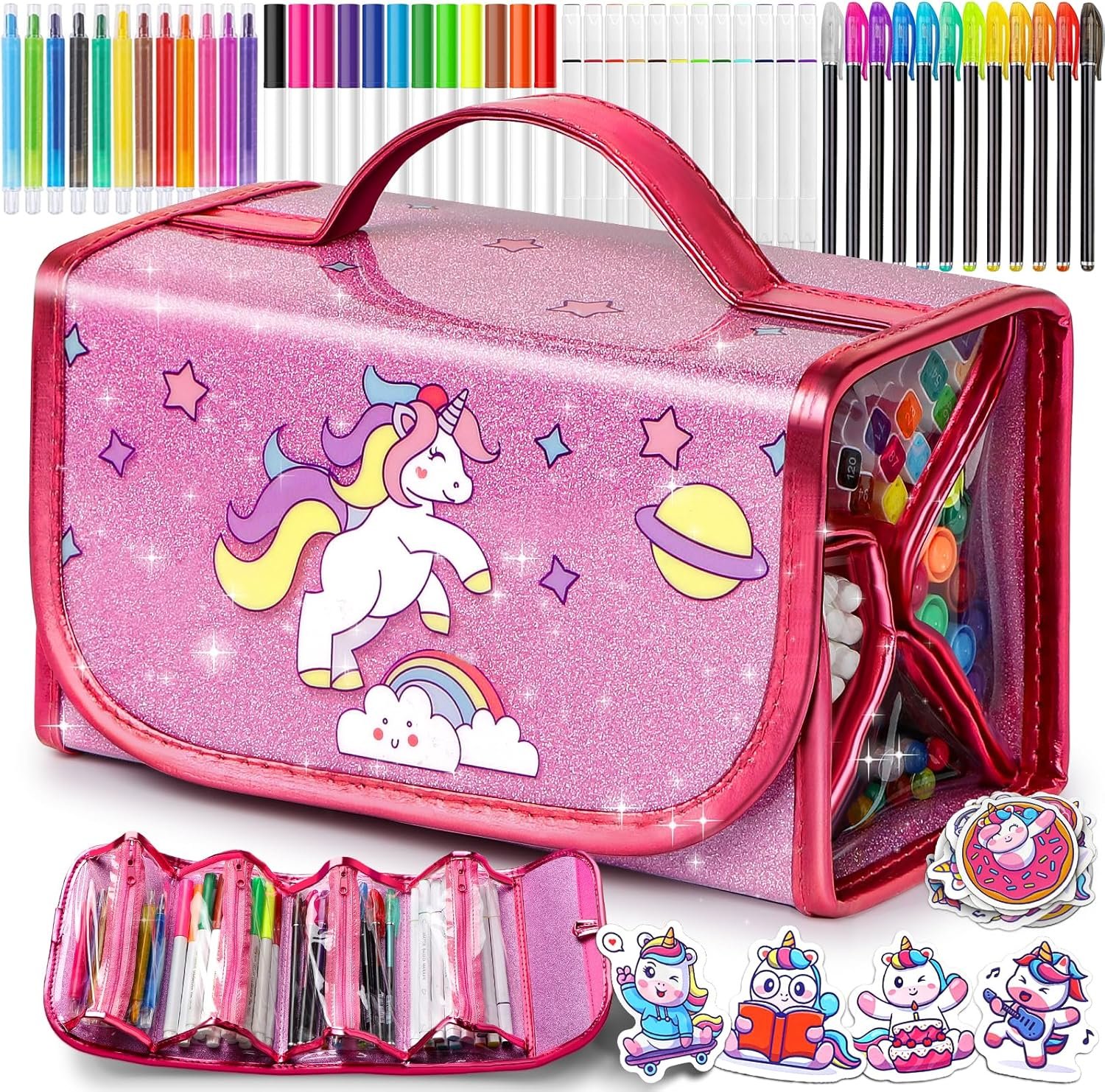 beefunni Unicorn Washable Markers Set 48 pcs with Glitte Pencil Case, Art Supplies for Kids Ages 4-6-8, Arts Crafts Coloring Set with Stickers – Birthday Gifts for Girls 4 5 6 7 8 9 Year Old