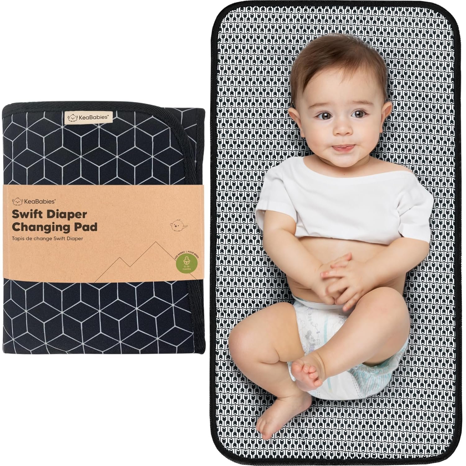 KeaBabies Portable Diaper Changing Pad, Easy Wipe Clean – Foldable Waterproof Baby Changing Mat for Diaper Bag, Compact, Lightweight, 25×13 Newborn, Infant, Baby Changer Travel Essential (Black Geo)