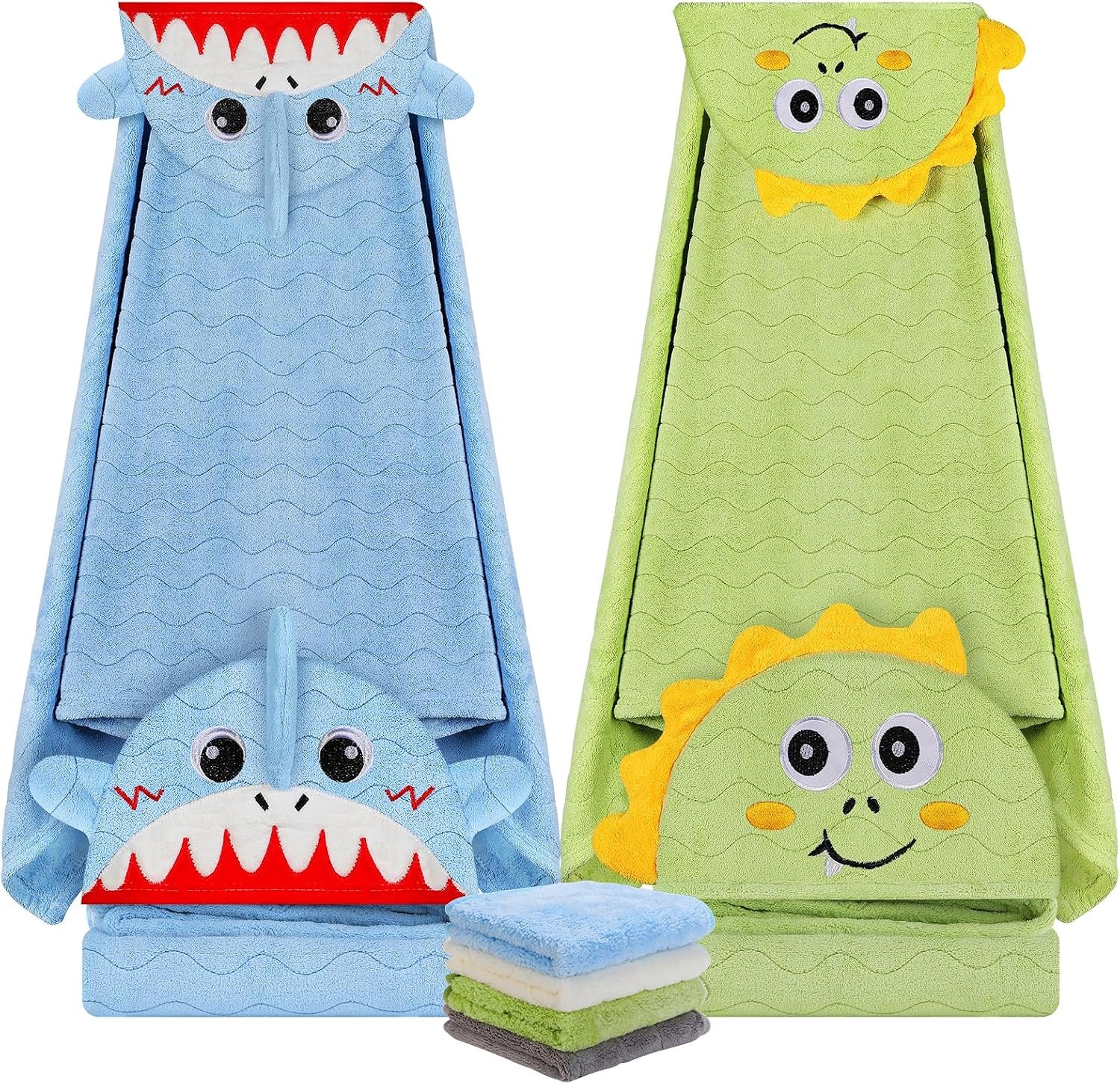 6 PCS Toddler Towels Set for Boy Girl 0-5 Year, 2 PCS Thick Hooded Baby Bath Towels for Kids Large 55″ x 27.5″ & 4 PCS Washcloths, Soft Toddler Newborn Bath Essentials Gifts, Dinosaur & Elephant
