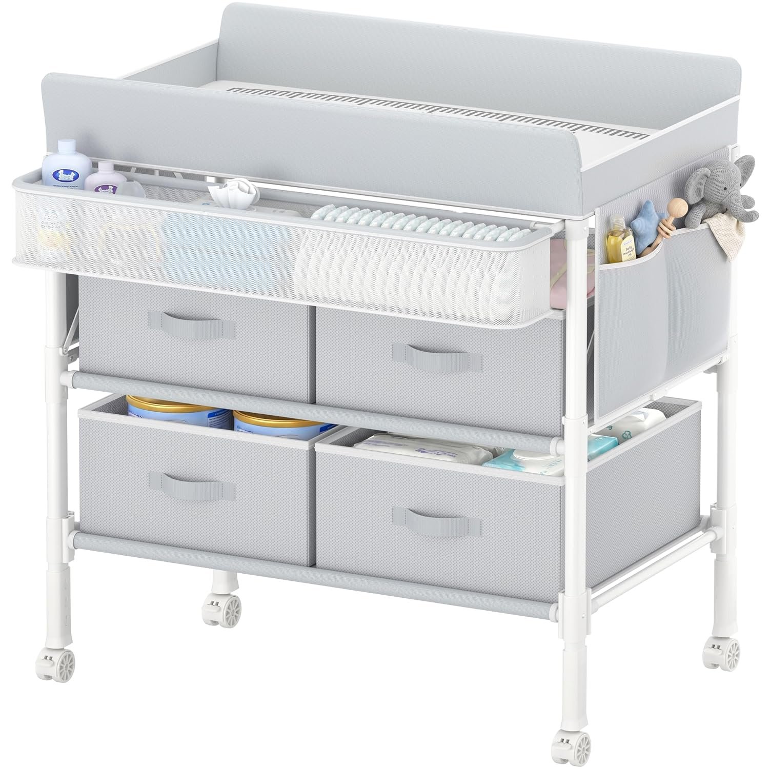 BOLUO Baby Changing Table with 4 Drawers, Waterproof Diaper Changing Station with Storage, Adjustable Height Baby Changing Station for Mobile Nursery Grey