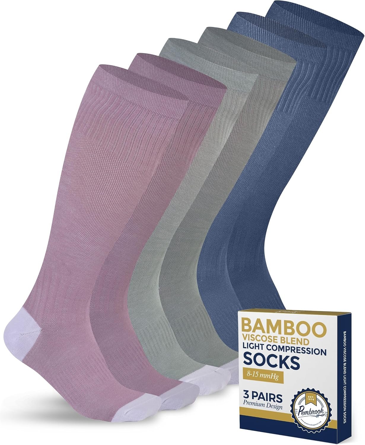 Pembrook® Bamboo Viscose Light Compression Socks – 3 Pairs | 8-15 mmhg Compression Socks | Knee High Comfort Support Socks