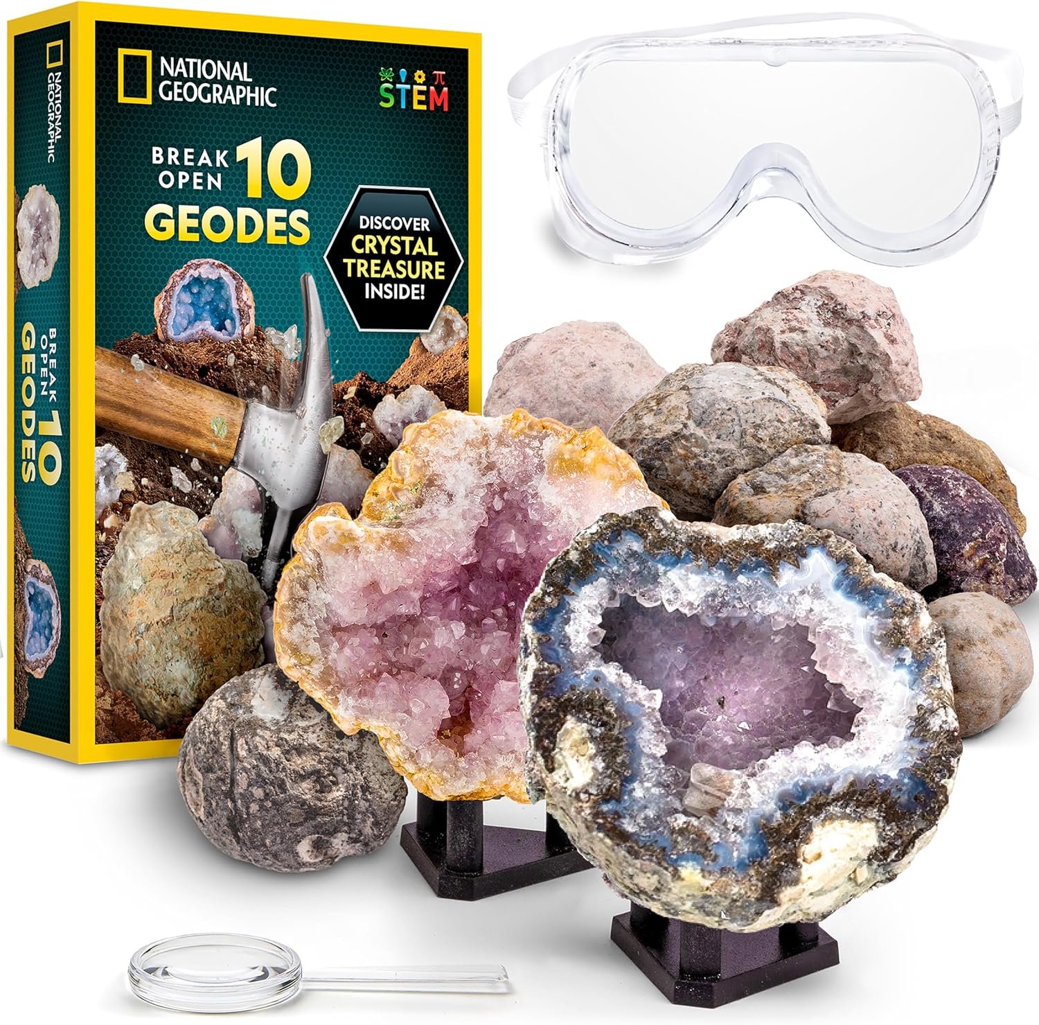 National Geographic Break Open 10 Premium Geodes – Includes Goggles & 2 Display Stands – Great STEM Science Kit, Geology Gift for Kids, Break Your Own Geodes with Crystals