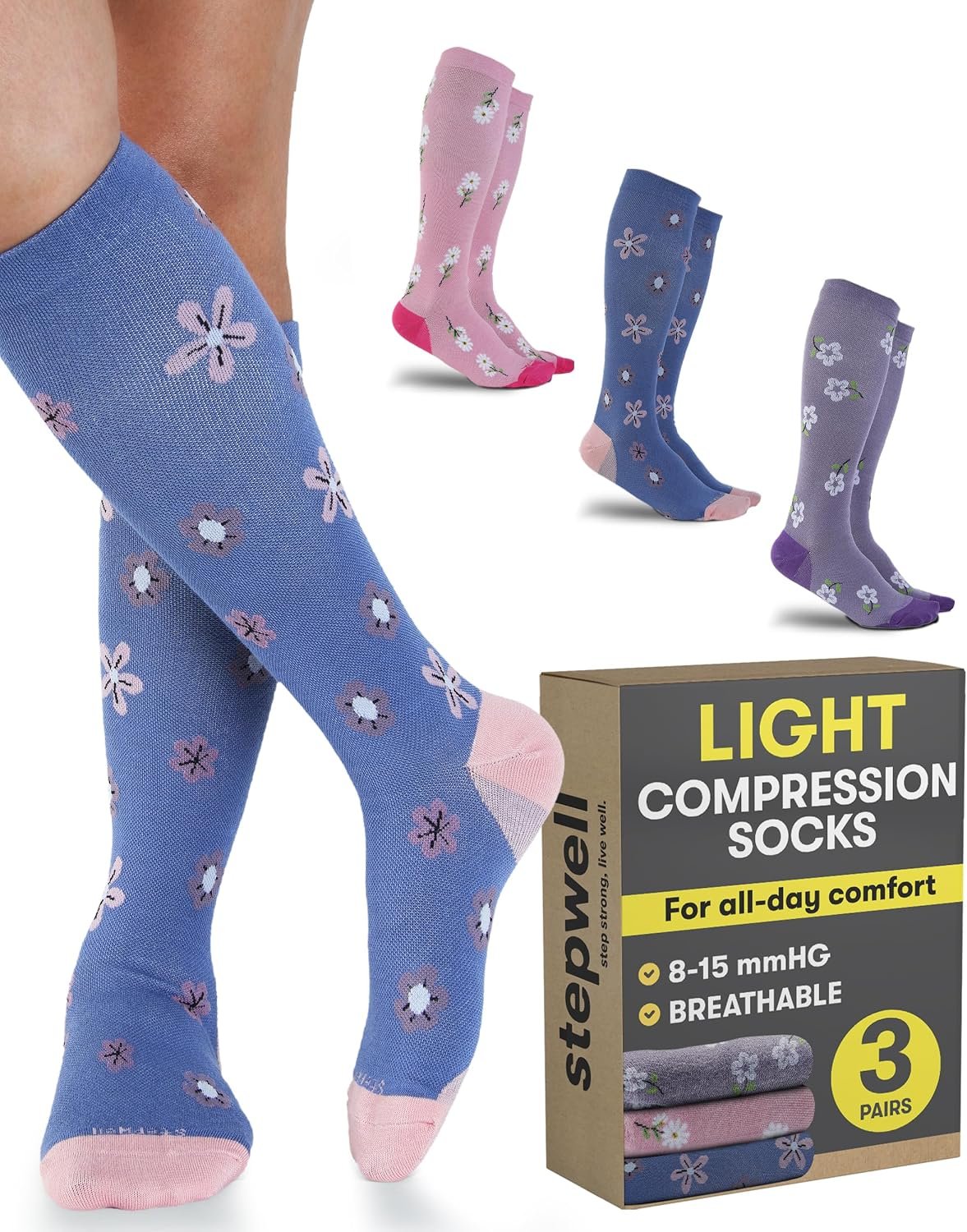 STEPWELL Bamboo Viscose Light Compression Socks for Women & Men – 3 Pairs, 8–15 mmHg Mild Compression Socks for Daily Comfort