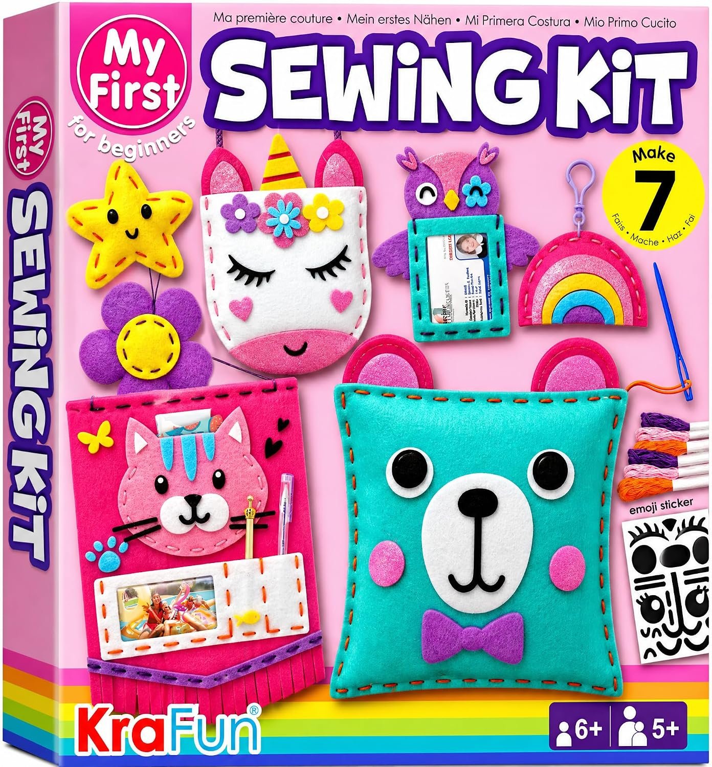 KRAFUN My First Sewing Kit for Beginner Kids Ages 6-12, 7 Easy DIY Projects of Stuffed Animal Dolls & Plush Pillow Craft, Pre-Punched Felt & Instructions, Gift for Girls Boys, Learn to Sew, Embroidery