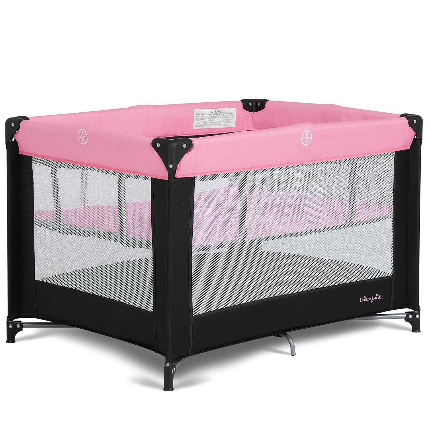 Dream On Me Zazzy Portable Playard with Bassinet – 360° Mesh Visibility, Quick Folding Travel Friendly Design, Carry Bag and Foldable Mattress Pad Included, Compact and Lightweight – Pink