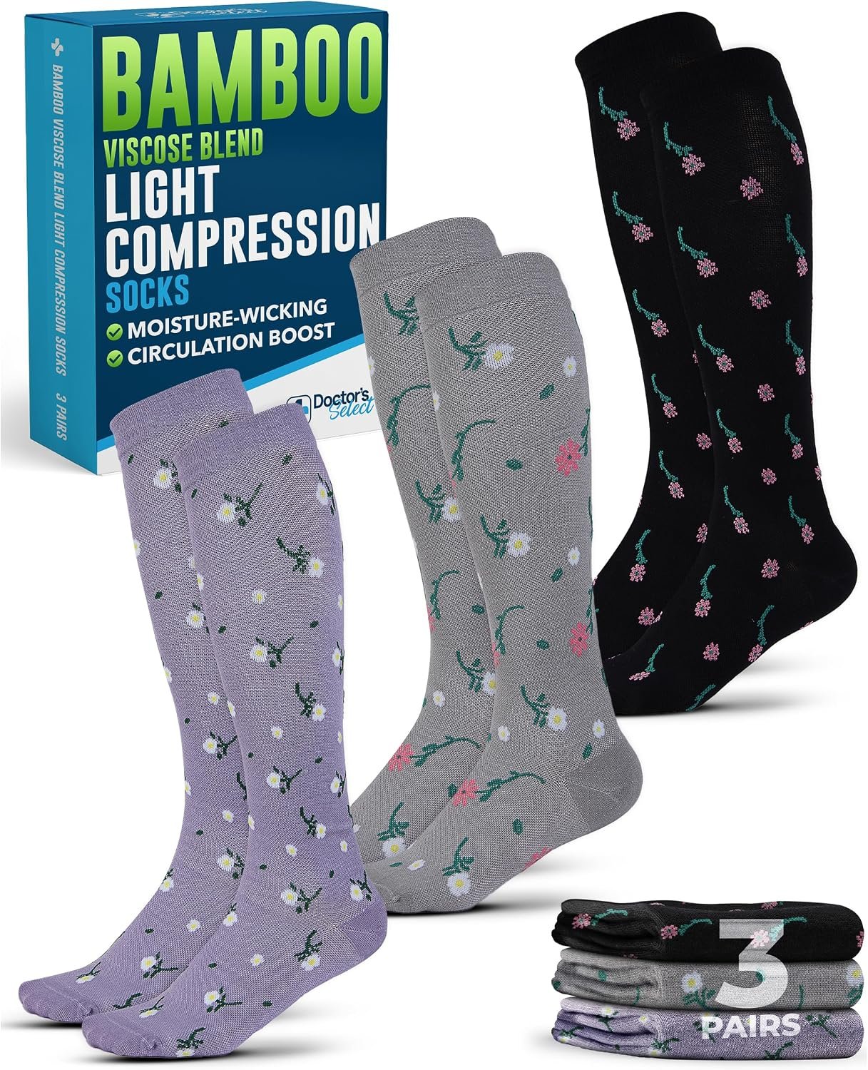 Doctor’s Select® Bamboo Viscose Light Compression Socks for Women & Men – 3 Pairs, 8-15 mmHg Compression Socks, Knee High