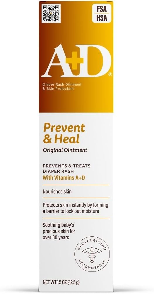 A+D Original Diaper Rash Ointment, Baby Skin Protectant with Lanolin and Petrolatum, Seals Out Wetness, Helps Prevent Diaper Rash, 1.5 Ounce Tube, Packaging May Vary