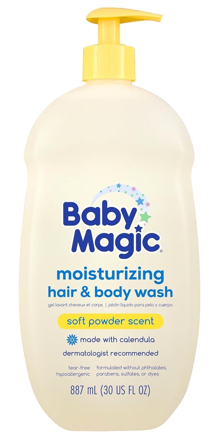 Baby Magic Moisturizing Hair & Body Wash Calendula & Coconut, Specially Formulated for Baby’s Delicate Skin, Soft Powder Scent, Tear-Free, Hypoallergenic, Dermatologist Recommended, 30 Fl Oz