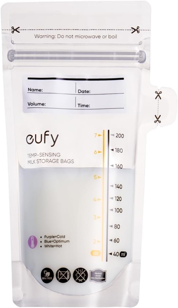 eufy Security Breast Milk Storage Bags, 7 oz Disposable Self-Standing Leakproof Milk Freezer Pouches, Temperature Sensing Color Change, 120 Pieces for Breastfeeding