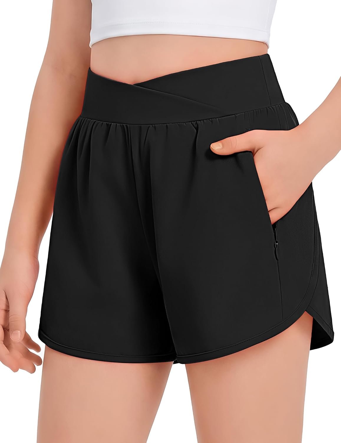 Girls Athletic Shorts Crossover High Waisted Running Shorts with Liner | 2 in 1, Dolphin sides, Zippered pockets, Spandex liner, Breathable fabric, Lightweight, Kids soccer, Basketball, Gym, Sports