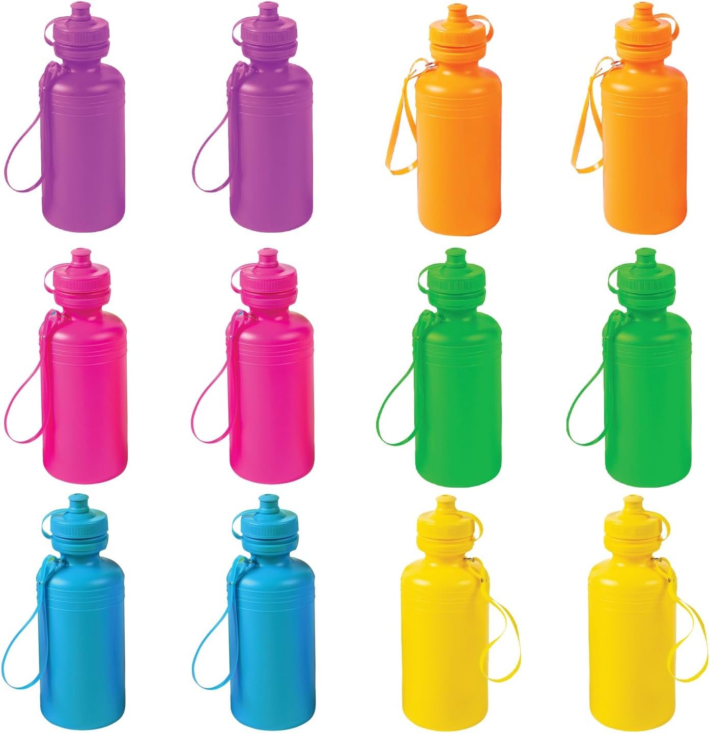 Fun Express Kids Water Bottles Bulk 12 Pack – Plastic 18 oz Leak Proof Squeeze Bottles with Pop Top Lids & Straps | Perfect for School, Sports Teams, Birthday Parties & Fundraising Events