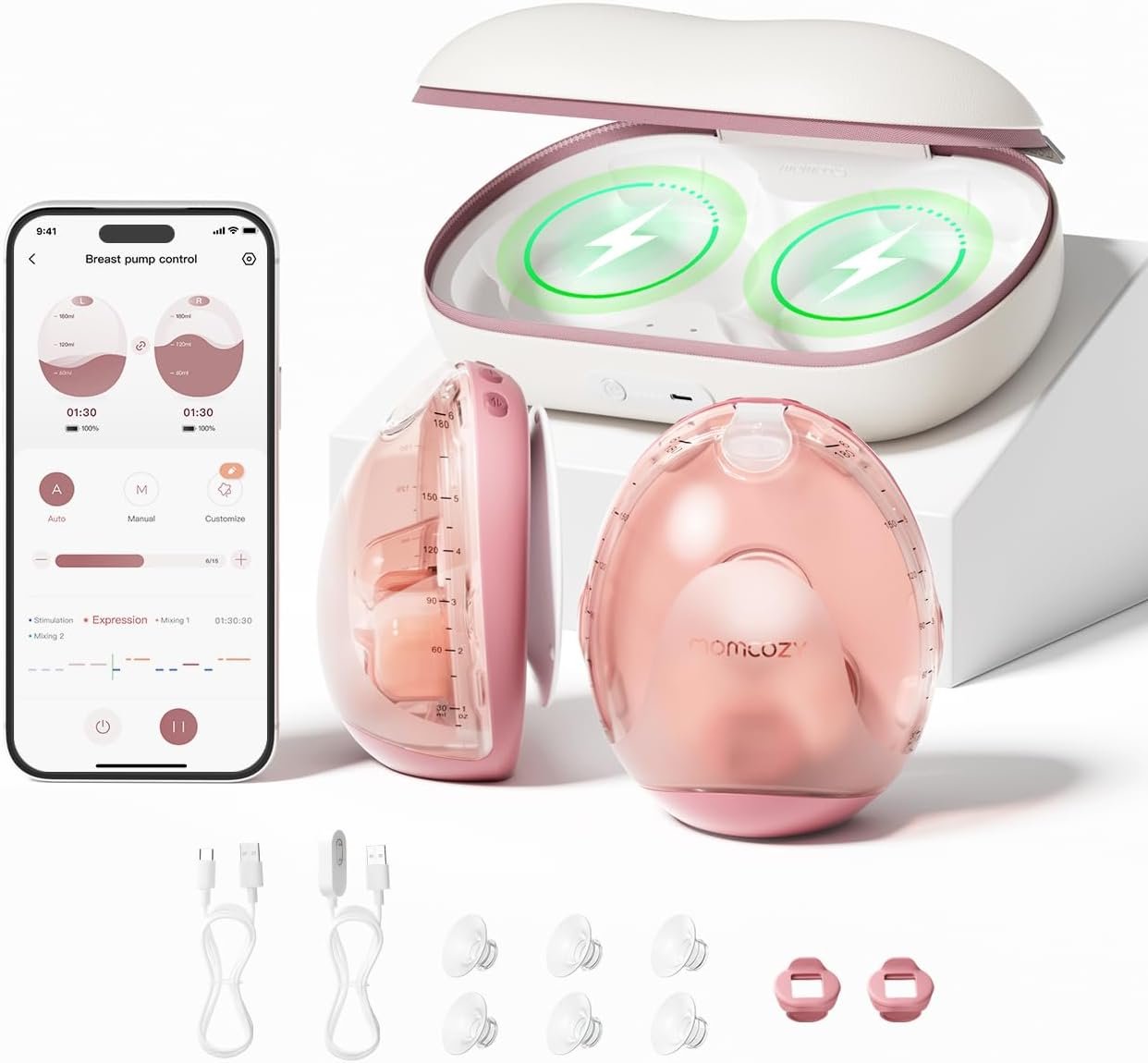 Momcozy Air 1 Wearable Breast Pump, Ultra-Slim Hands-Free Breast Pump with Wireless Charging Case, Top-View Visible, App Control, Auto Mode Switching, Milk Tracking & Full-Collector Alerts, 6oz