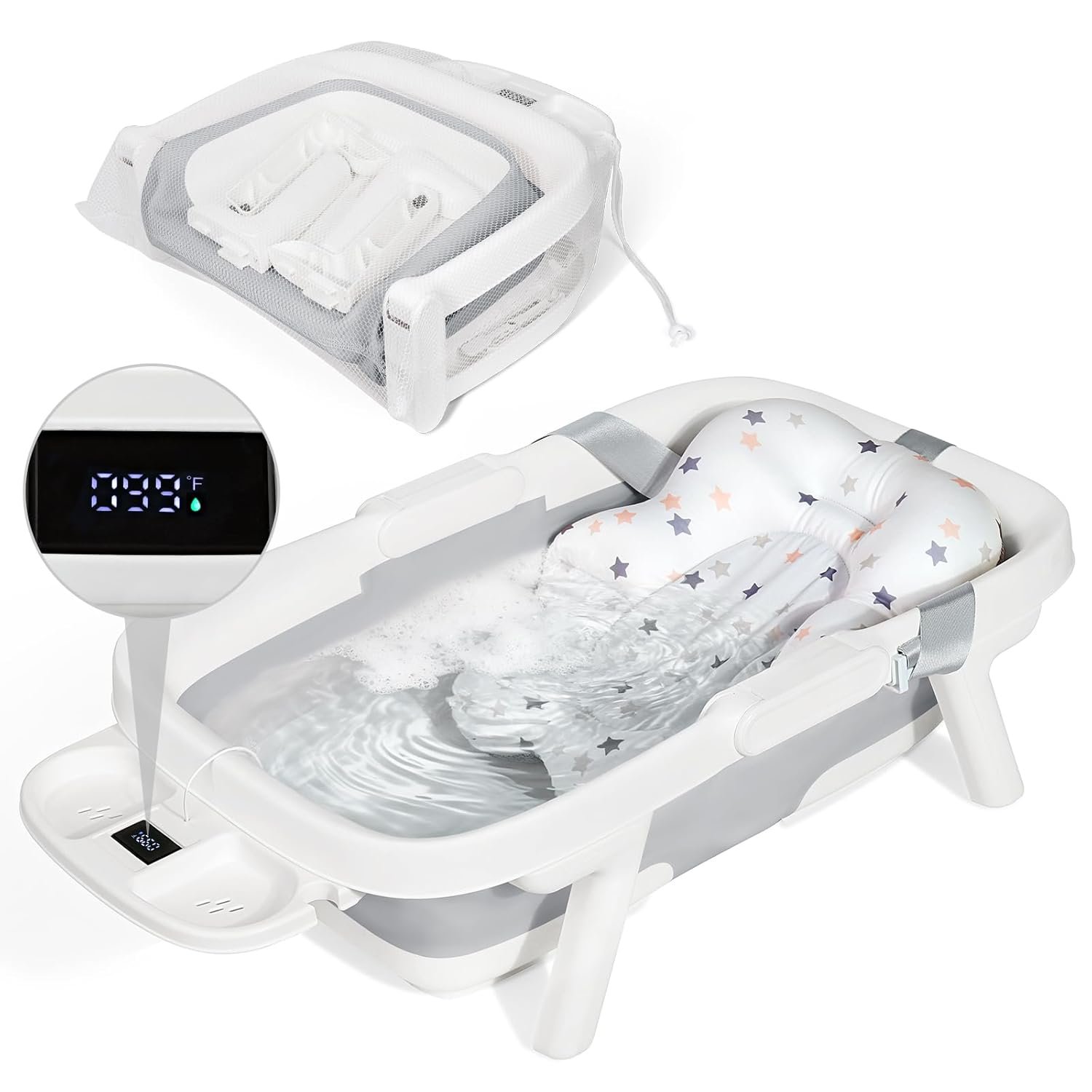 Orzbow Collapsible Baby Bathtub, Large Baby Bath Tub for Newborn with Soft Cushion & Thermometer, Travel Portable Baby Tubs for Infants to Toddler 0-36 Months, 28×16.9 inches, Gray