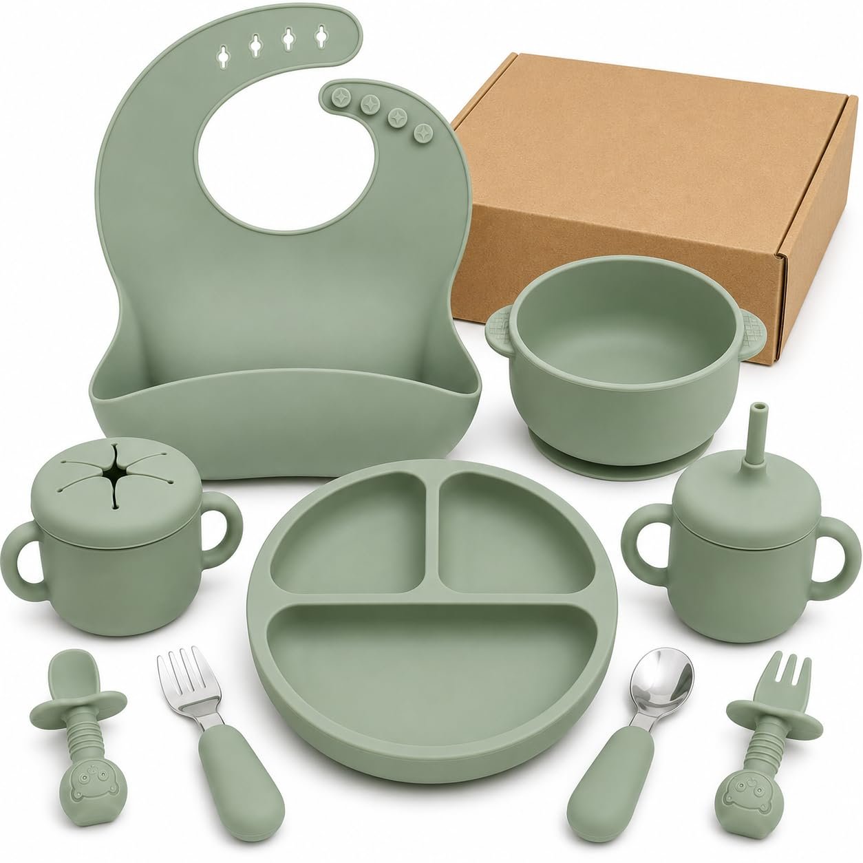 Bufims Silicone Baby Feeding Set, Baby Led Weaning Supplies, Eating Essentials Utensils with Suction Plate and Bowl, Pocket Bib, Sippy Cup with Lid, Forks Spoons Snack Container, for 6+ Months, Green