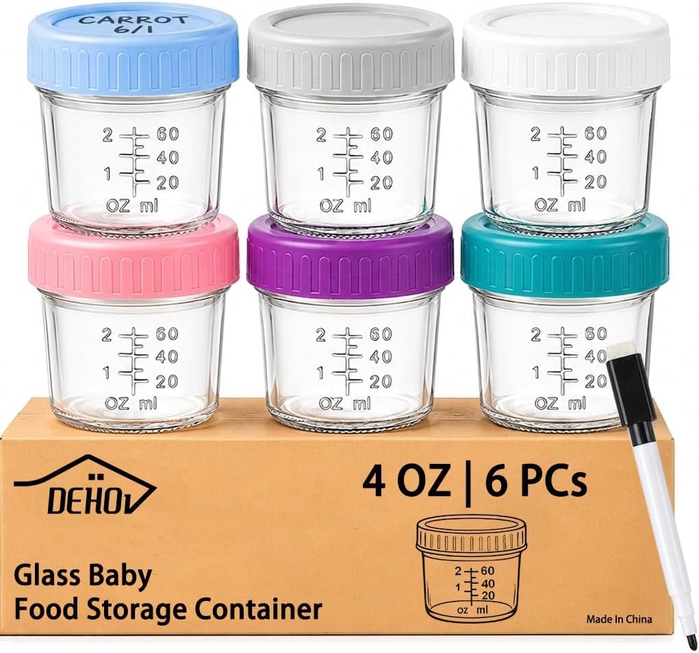 DEHOV 6-Piece Glass Baby Food Containers with Lids,4 OZ Small Glass Freezer Safe Baby Food Storage Jars,Leak Proof Baby Food Grade Puree Containers