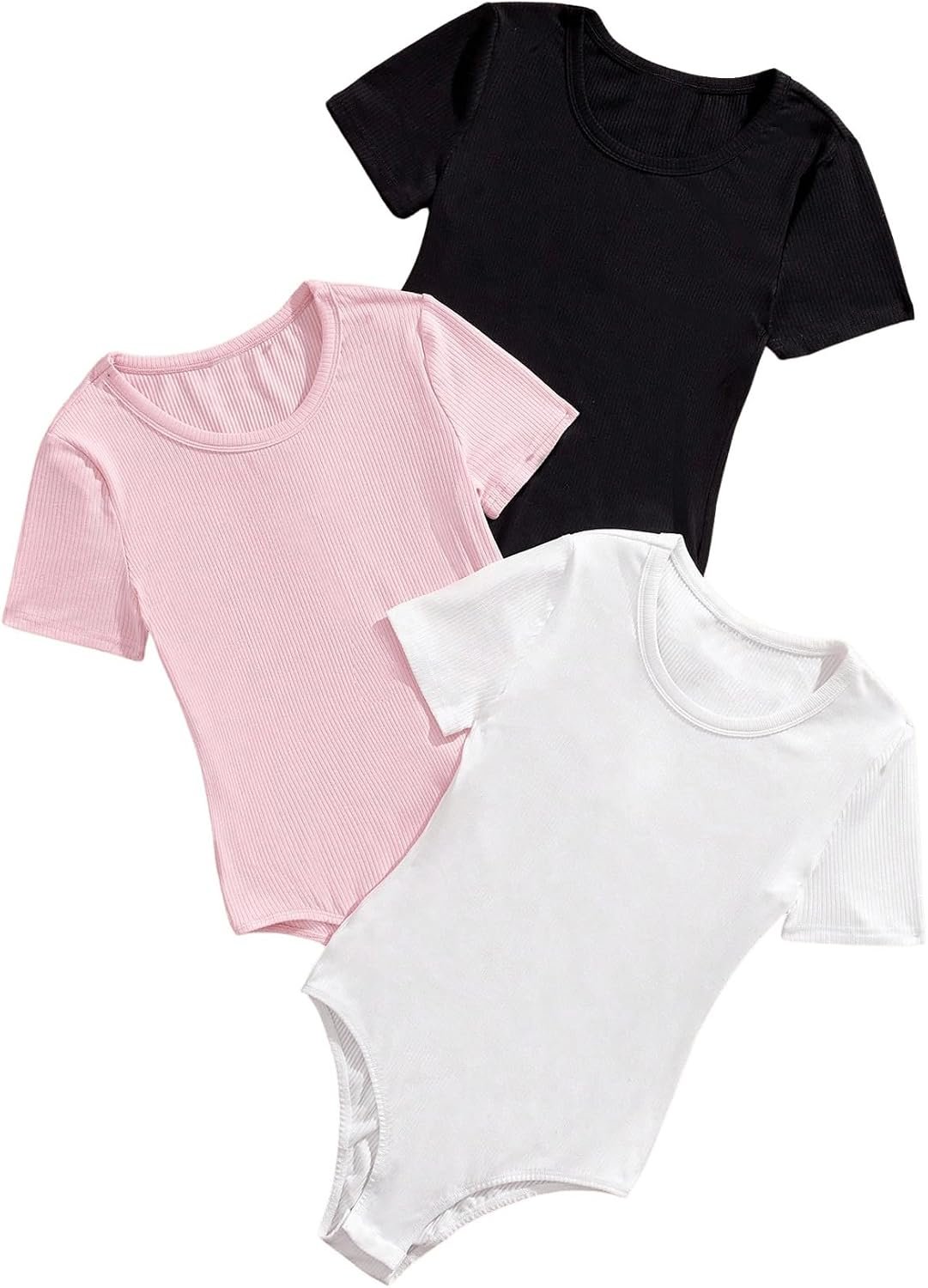 SweatyRocks Girl’s 3 Pack Bodysuits Short Sleeve Crew Neck Ribbed Dance Leotards Sets