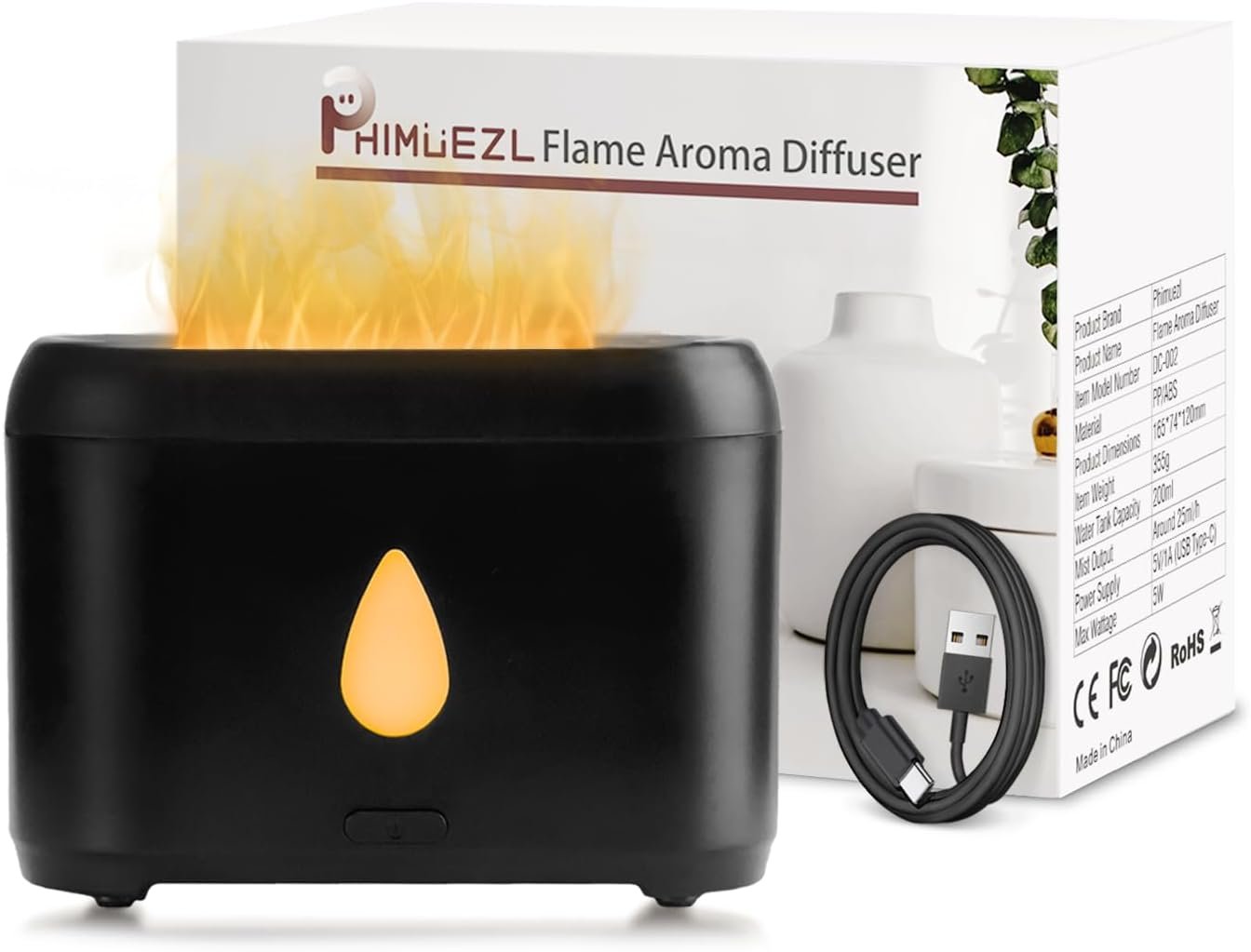 Flame Diffuser for Essential Oils, 200ml Ultrasonic Aroma Diffusers with Cool Mist, Aromatherapy Diffuser with Auto-Off Protection, Small Humidifier for Home,Office,Bedroom,Gift (Black)