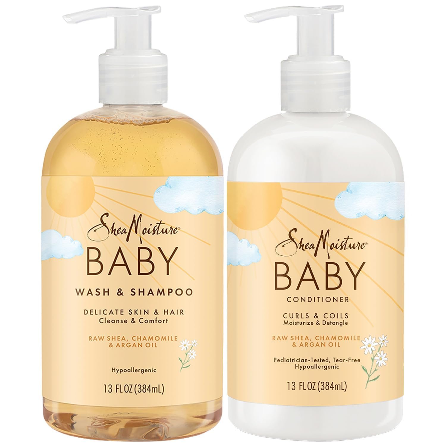 SheaMoisture Baby Essentials, Body Wash & Shampoo + Curls & Coils Conditioner, Detangler with Raw Shea, Chamomile & Argan Oil, Pediatrician-Tested, Hypoallergenic, Tear-Free, 13 Oz Ea