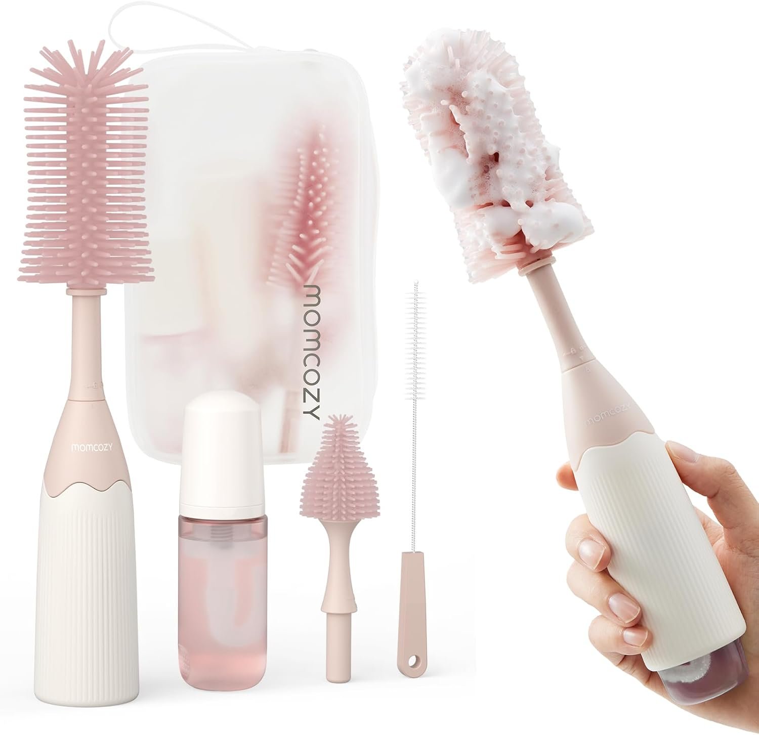 Momcozy Baby Bottle Brush Kit, Push-Press Foam Design, Pink | Portable for Home & Travel, Bottle Cleaner Brush for Breast Pumps & Nipple, Newborn Essentials, Food-Grade BPA-Free