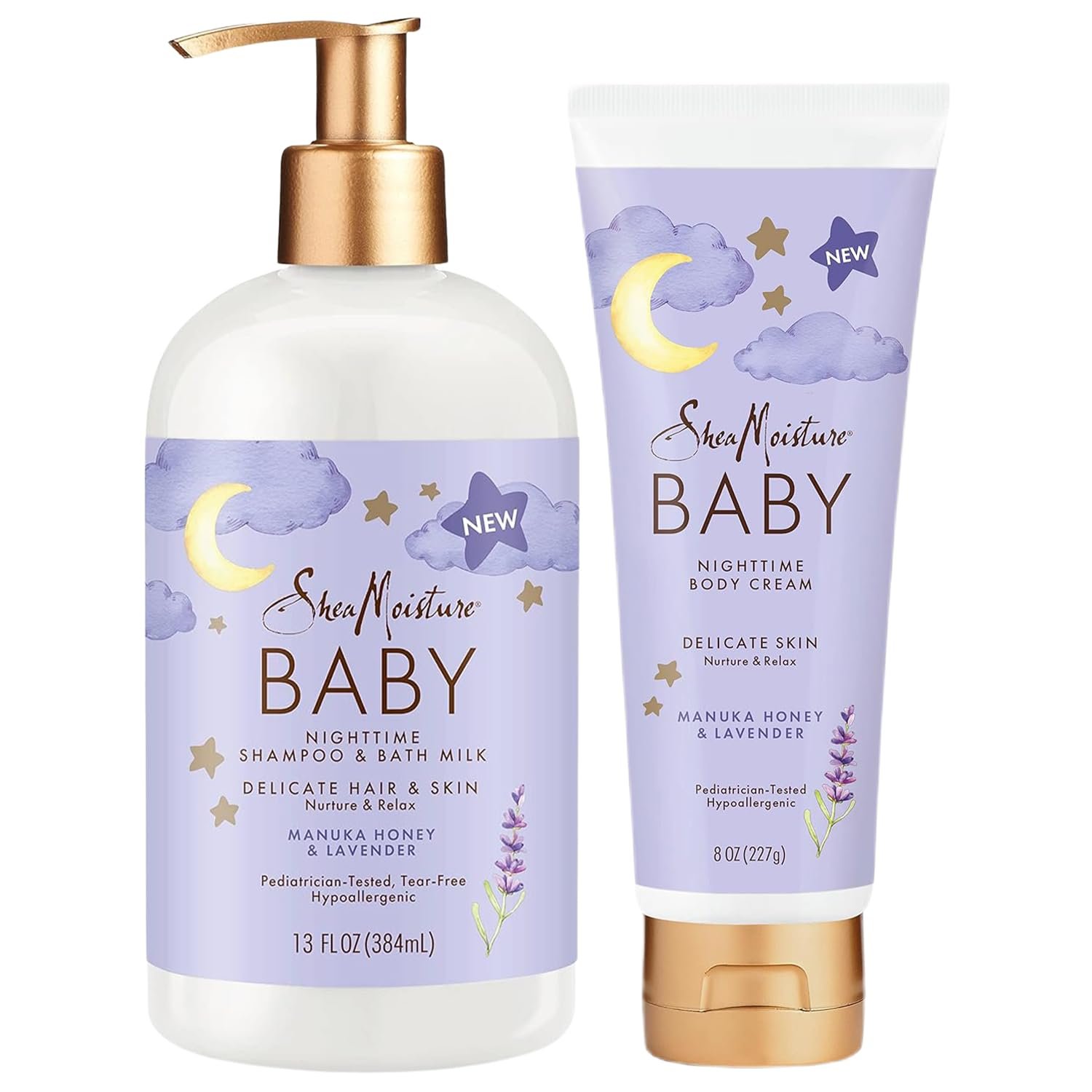Shea Moisture Baby Care Set – Relaxing Nighttime Shampoo & Bath Milk + Body Cream for Delicate Skin, Manuka Honey & Lavender (2 Piece Set)