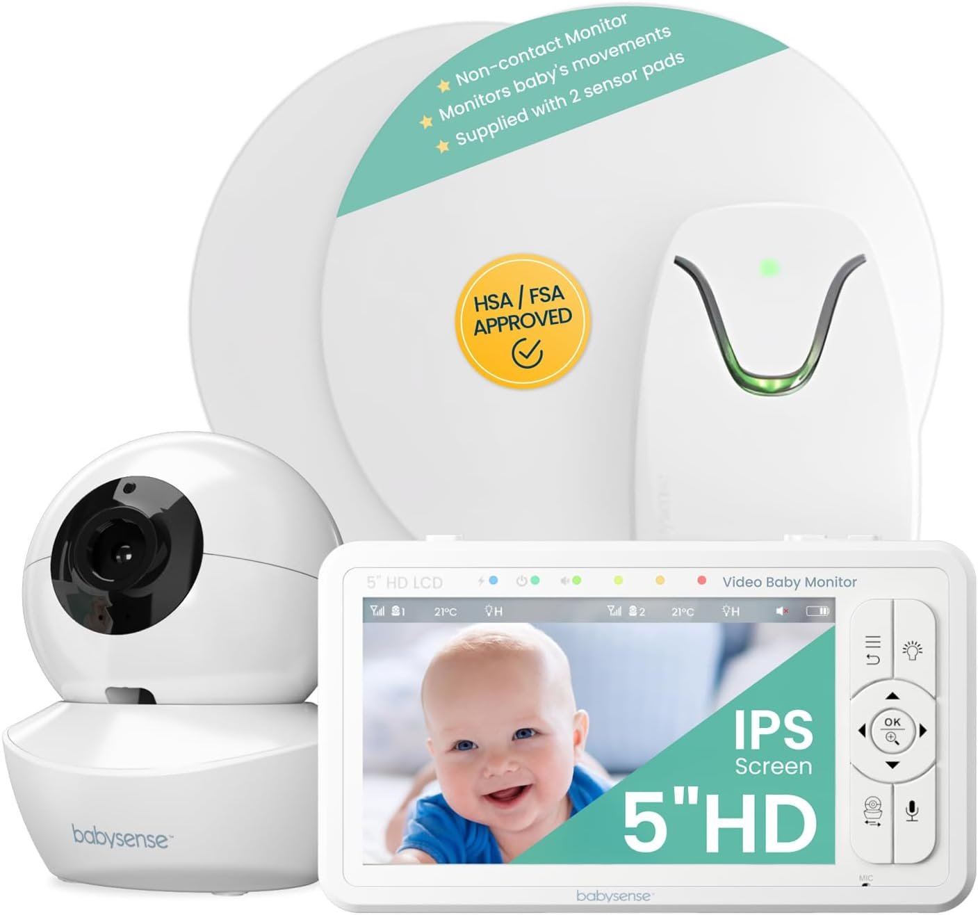 Babysense True Sleep HD FSA Baby Monitor with Camera and Audio + Baby Sleep Breathing Movement Monitor, No WiFi, 2 Non-Contact Under Mattress Sensors, Non-Wearable Monitor, Full Crib Coverage