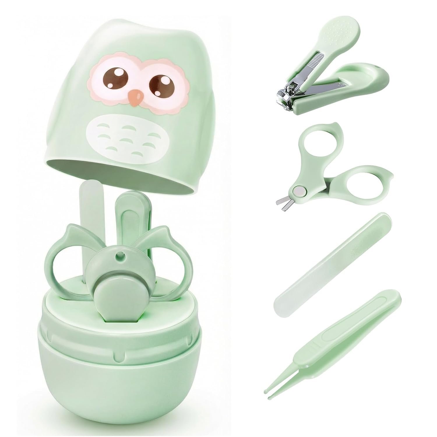 Baby Nail Kit, Baby’s Manicure Kit and Pedicure kit with Cute Owl Shape Case Nail Clipper, Scissor, Nail File & Tweezer for Newborn, Infant & Toddler, Mothers Day Gifts(Green)
