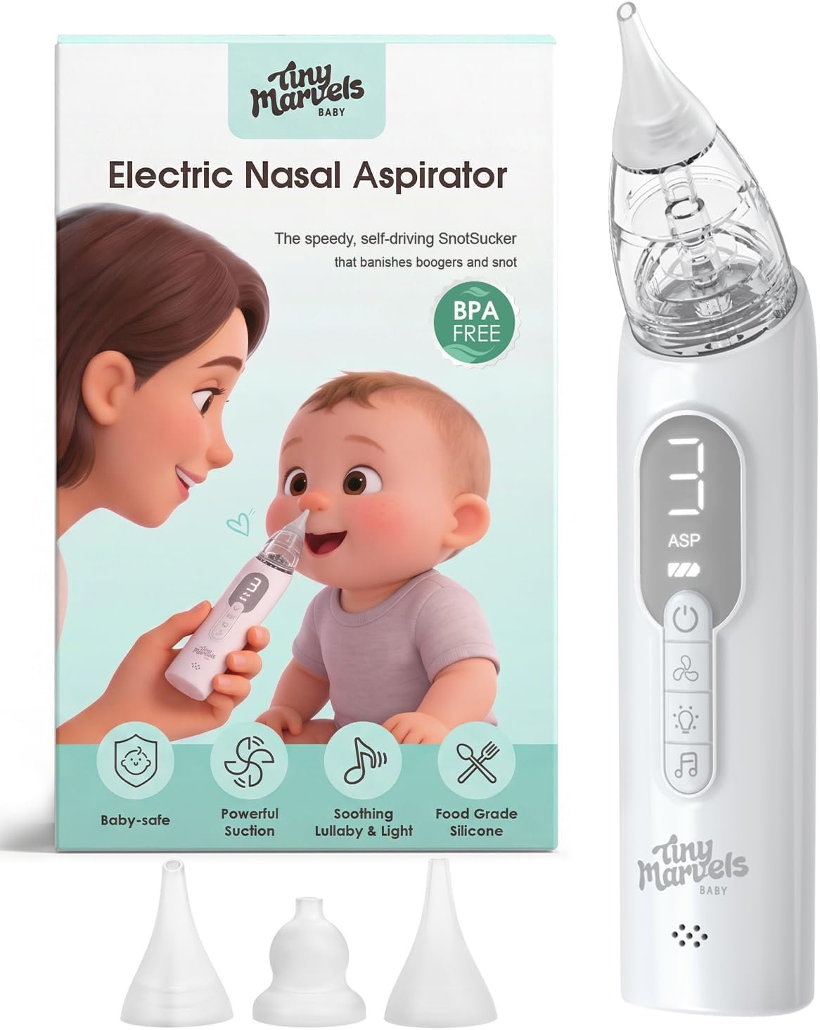 Nasal Aspirator for Baby, Baby Nose Sucker with 3 Suction Level, Tiny Marvels Electric Nose Cleaner for Congestion & Allergy Relief, 3 Silicone Tips, Music Light Soothing, USB