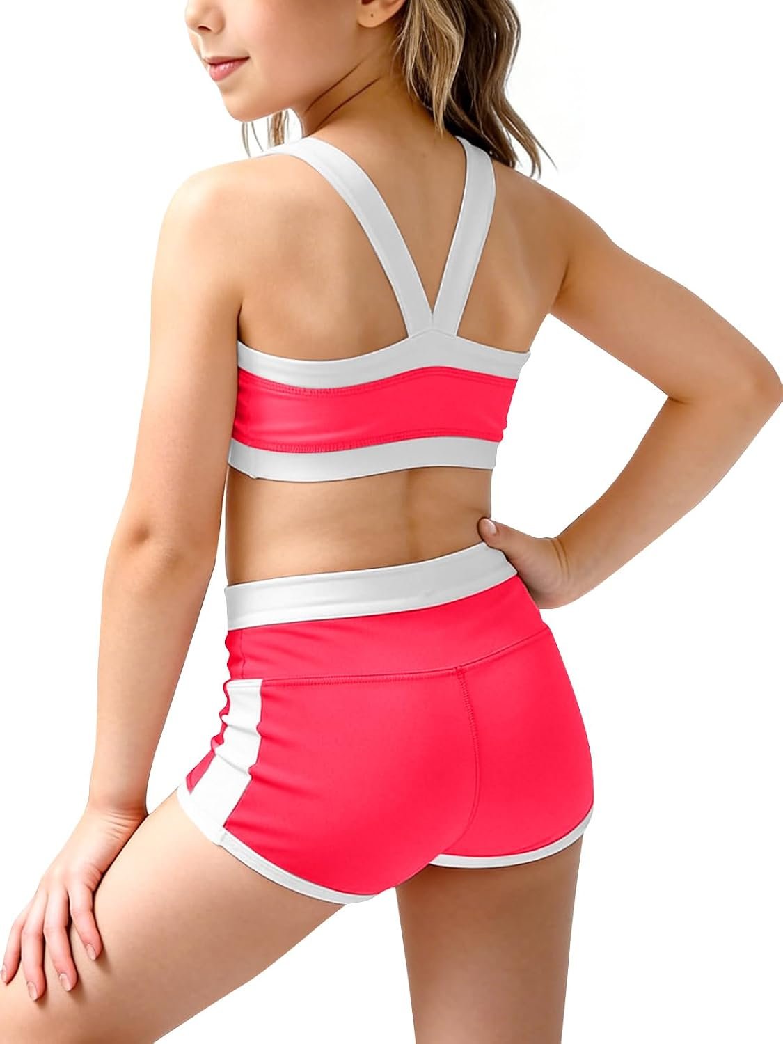 Haloumoning Girls 2 Piece Outfits Athletic Color Block Training Bra and High Waisted Shorts Clothing Sets 5-14Y