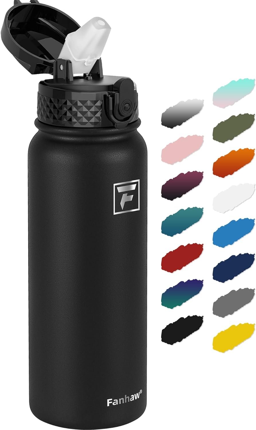 Fanhaw 20 Oz Kids Insulated Stainless Steel Water Bottle with Straw Lid, Leakproof & Anti-Dust Everyday Use Bottle for School, Women & Men, Back to School Essentials (Black)