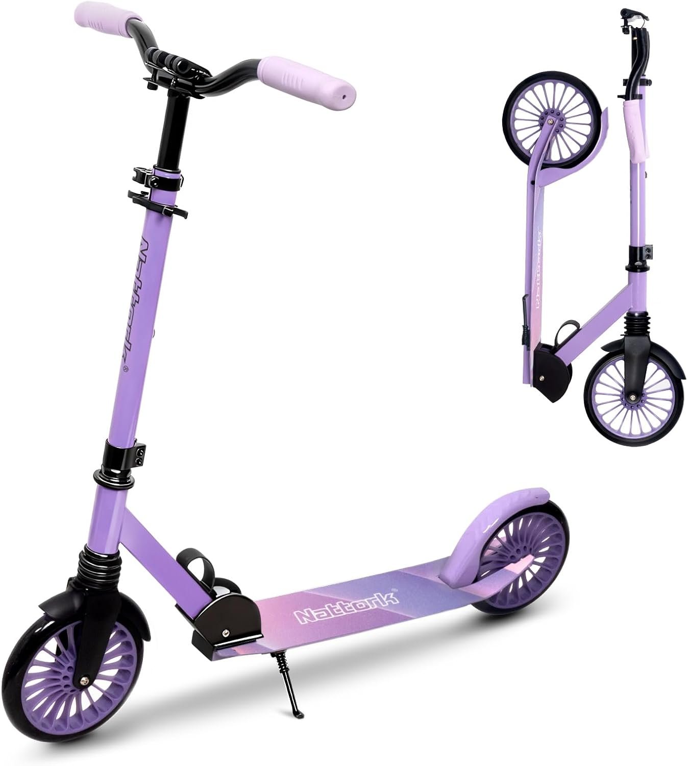 Nattork Kick Scooter for Age 6+ Kids Teens Adults, Max Load 240 LBS, Adjustable Height Foldable with 8″ Large Wheels, Anti-Shock Suspension