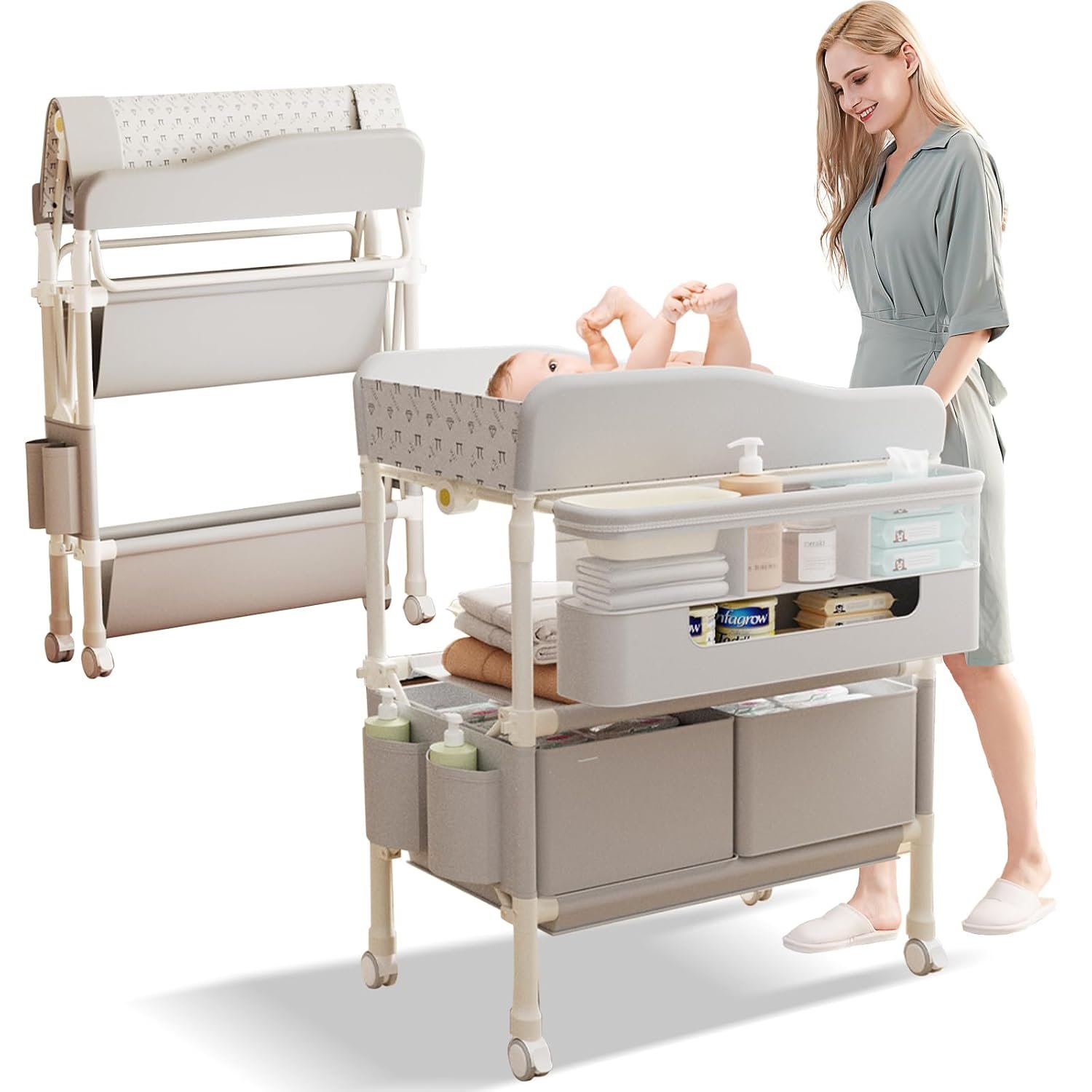 Baby Changing Table, Versatile Folding Changing Table with 2 Drawers, Portable Baby Diaper Changing Station with Toy Holder, Adjustable Height (39.7″ to 42.9″) Mobile Nursery Diaper and Newborn