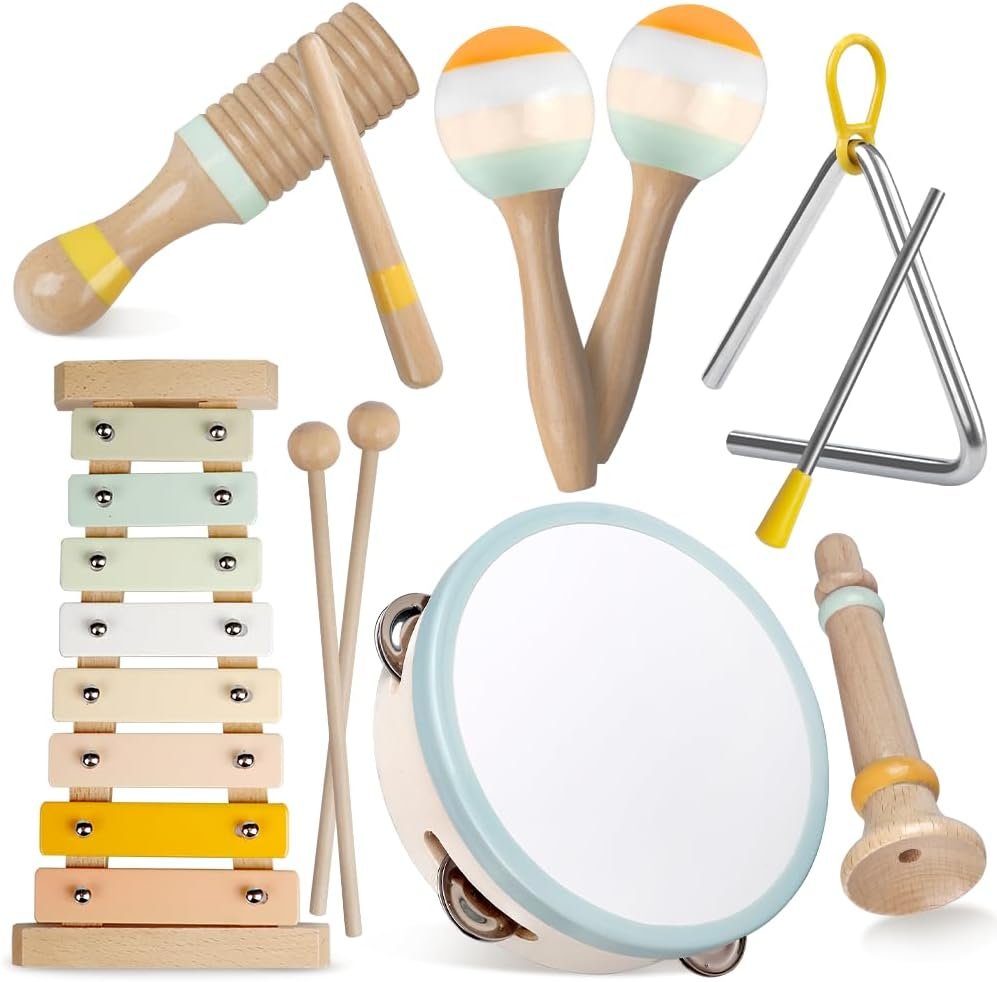 Baby Musical Instruments-Montessori Wooden Toys for Toddlers,Neutral Colors Percussion Instruments Set with Modern Boho Xylophone for Kids Preschool Educational (Neutral)
