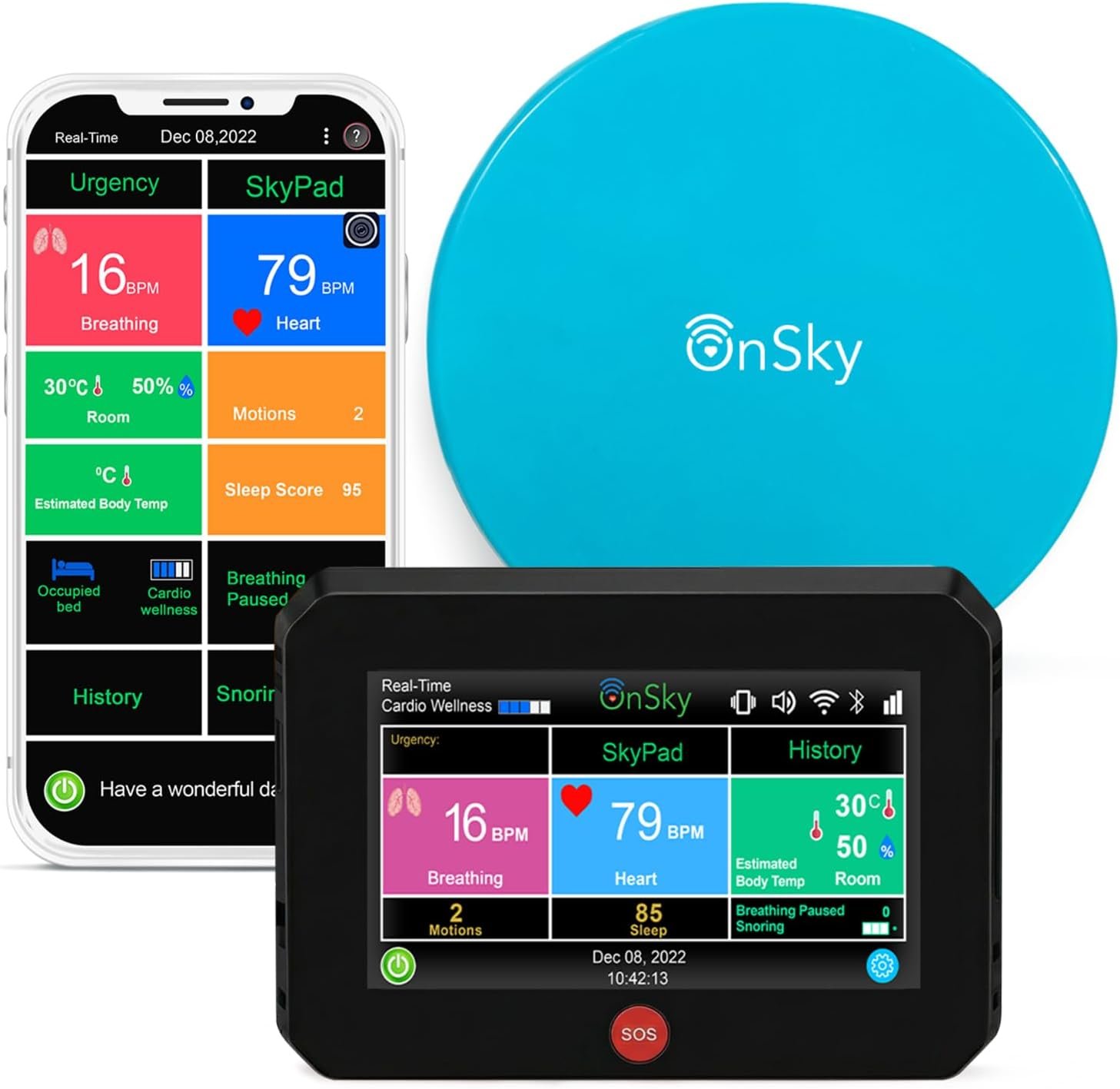 SkyPad FDA-Cleared Contact-Free Heart & Breathing & Sleep Apnea & Seizure Monitor, Adult & Children Home Health Care – Senior & Nursing Home – Remotely Monitor Wellness via app – Emergency Alert Call