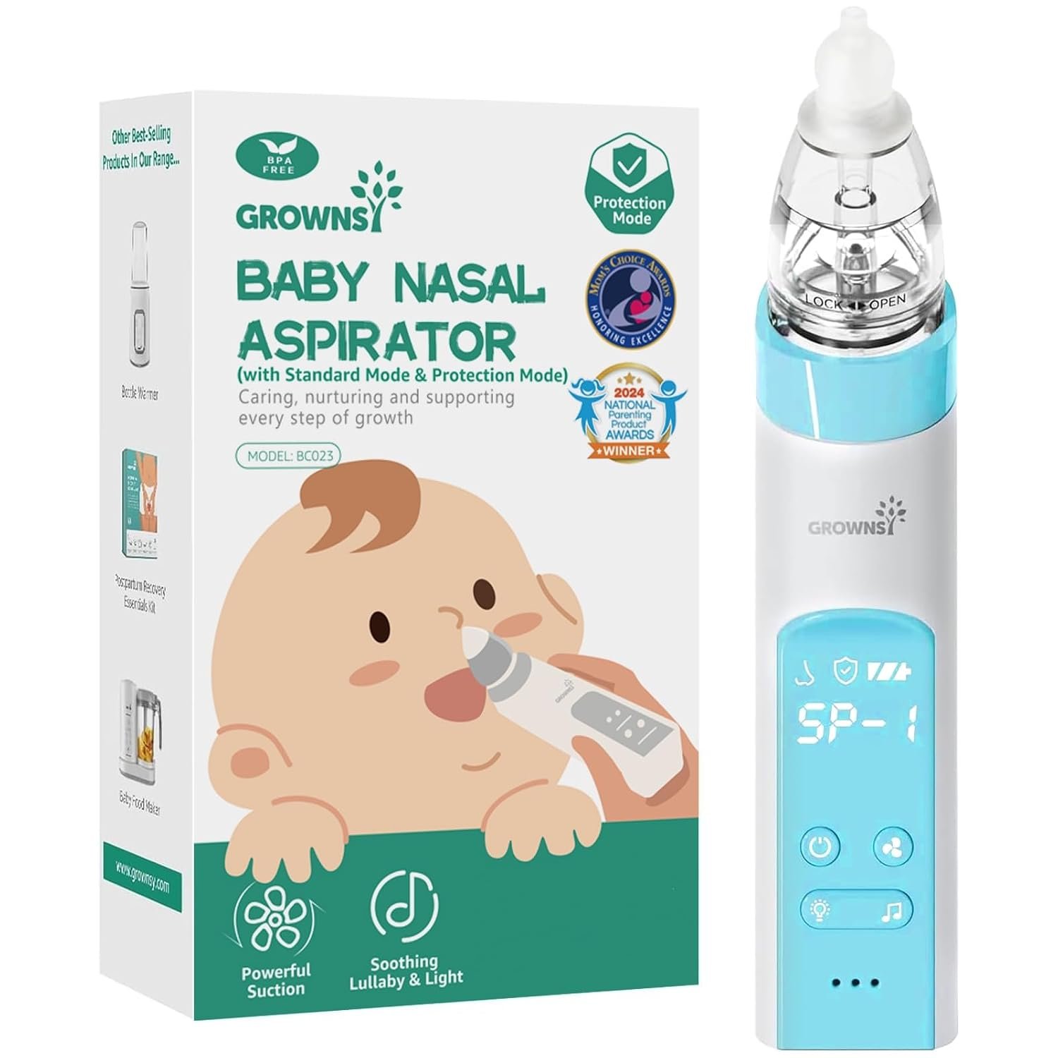 GROWNSY Nasal Aspirator for Baby with Protection Mode, Electric Nose Suction for Baby, Automatic Baby Nose Sucker with 3 Silicone Tips, Adjustable Suction Level, Music and Light Soothing Function