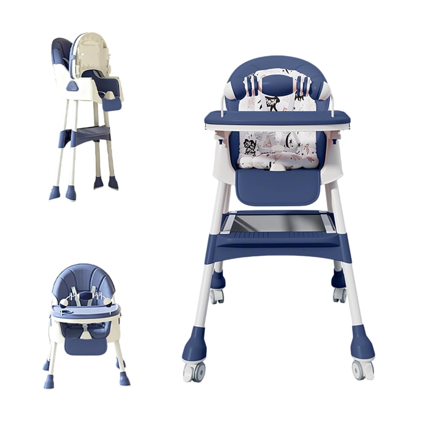 Foldable 4-in-1 Baby High Chair for Babies & Toddlers, High Chair with Detachable PU Cushion, Removable Tray, Adjustable Height, Locking Wheels,Blue