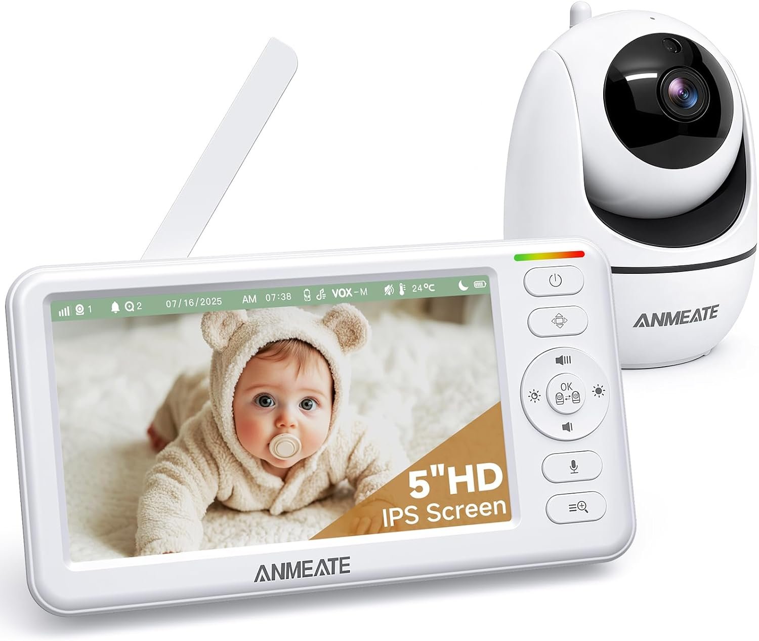 ANMEATE 5″ HD Video Baby Monitor with Camera and Audio – No WiFi, 48H Battery Life,720P Remote Pan Tilt Zoom, Two-Way Talk, Night Vision, Thermal Room Monitor, Lullabies & White Noise, 1000ft Range
