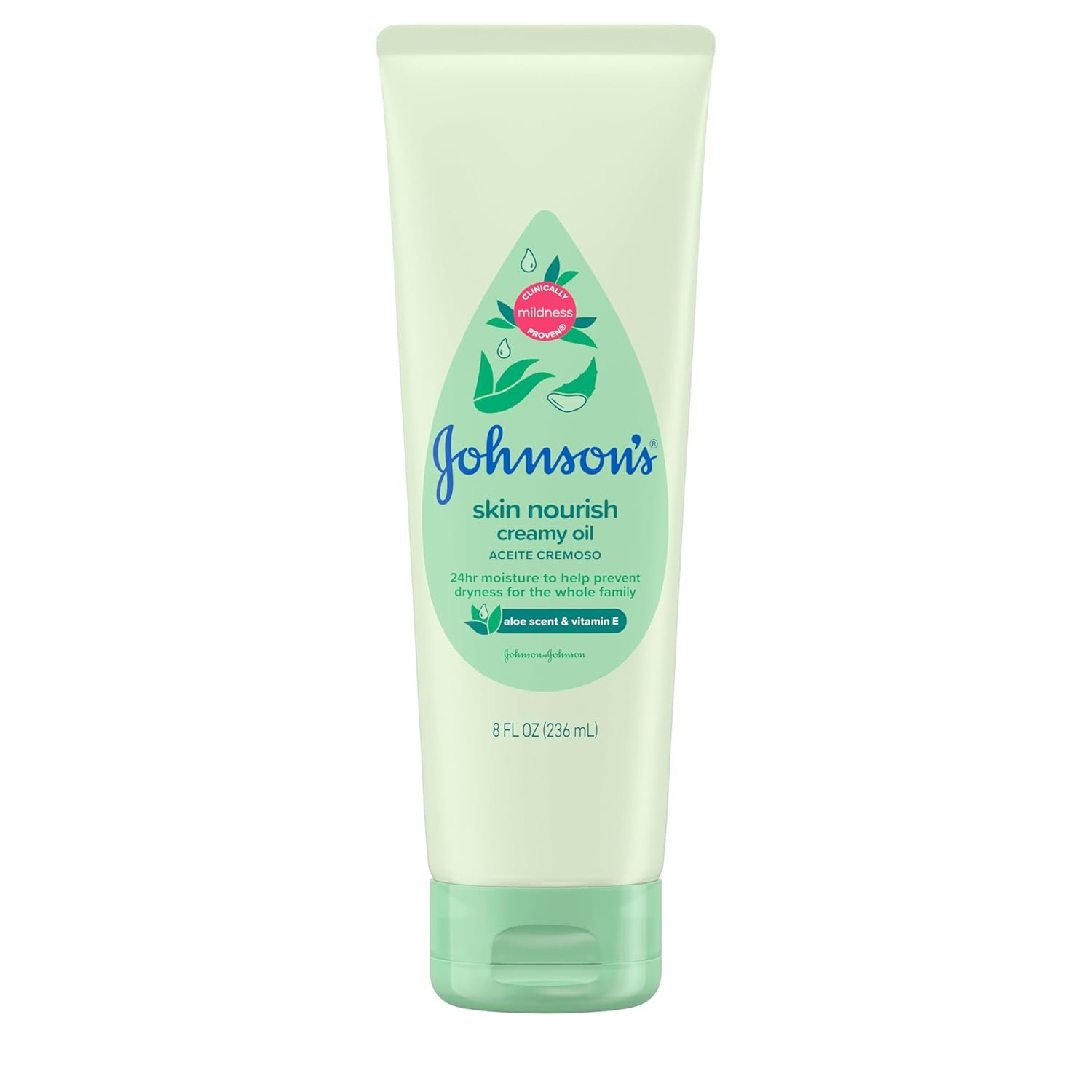 Johnson’s Skin Nourish Creamy Oil, Aloe Scent & Vitamin E, Creamy Oil Helps Prevent Dryness & Moisturizes Baby’s Delicate Skin for 24 Hours, Hypoallergenic & Non-Greasy, 8 fl. oz