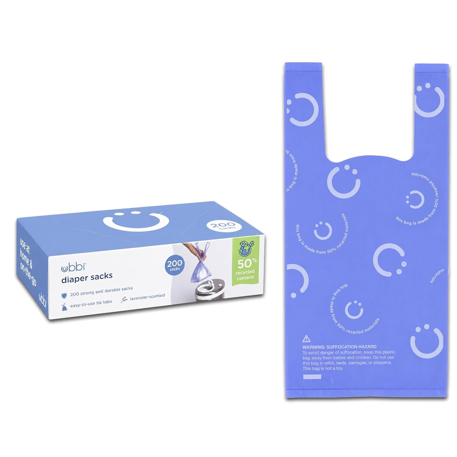 Ubbi Disposable Diaper Sacks, Lavender Scented, Easy-To-Tie Tabs, Diaper Disposal or Pet Waste Bags, 200 Count