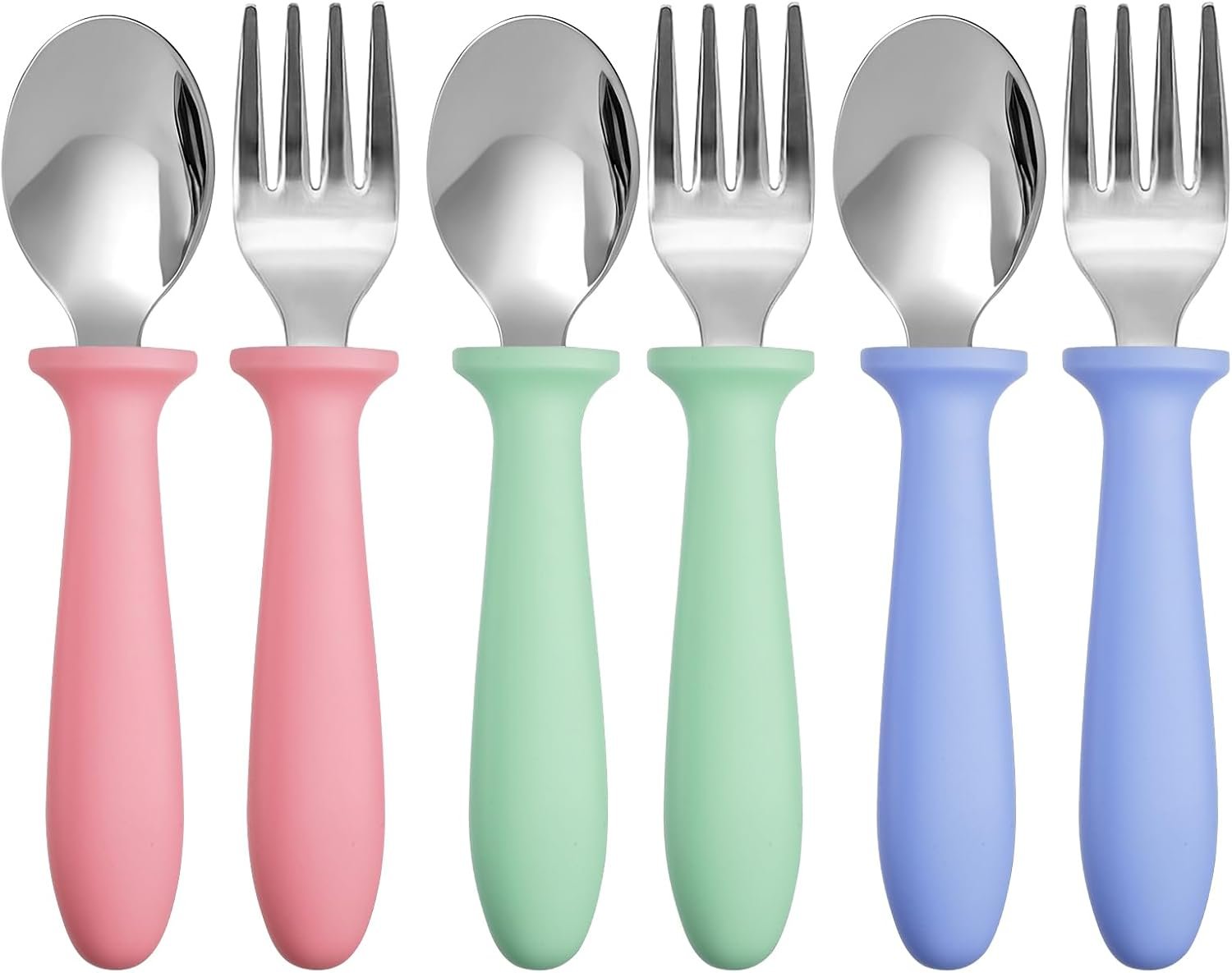 Pimoys 6 Pieces Toddler Utensils Forks and Spoons,Kids Silverware Set with Plastic Handle Stainless Steel Toddler Silverware,Dishwasher Safe