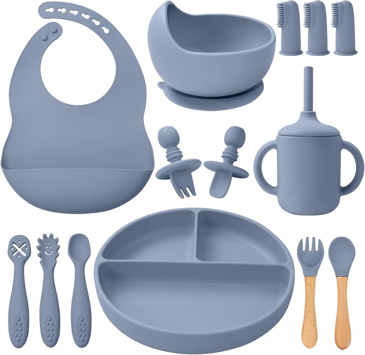 LITTLE RAWR Silicone Baby Feeding Set 14 Pcs,Baby Led Weaning Supplies, Baby Spoons Suction Bowl Divided Plate Bib Cup Finger Brush,First Stage Solid Food Eating Utensils – 6+ Months(Blue Gray)