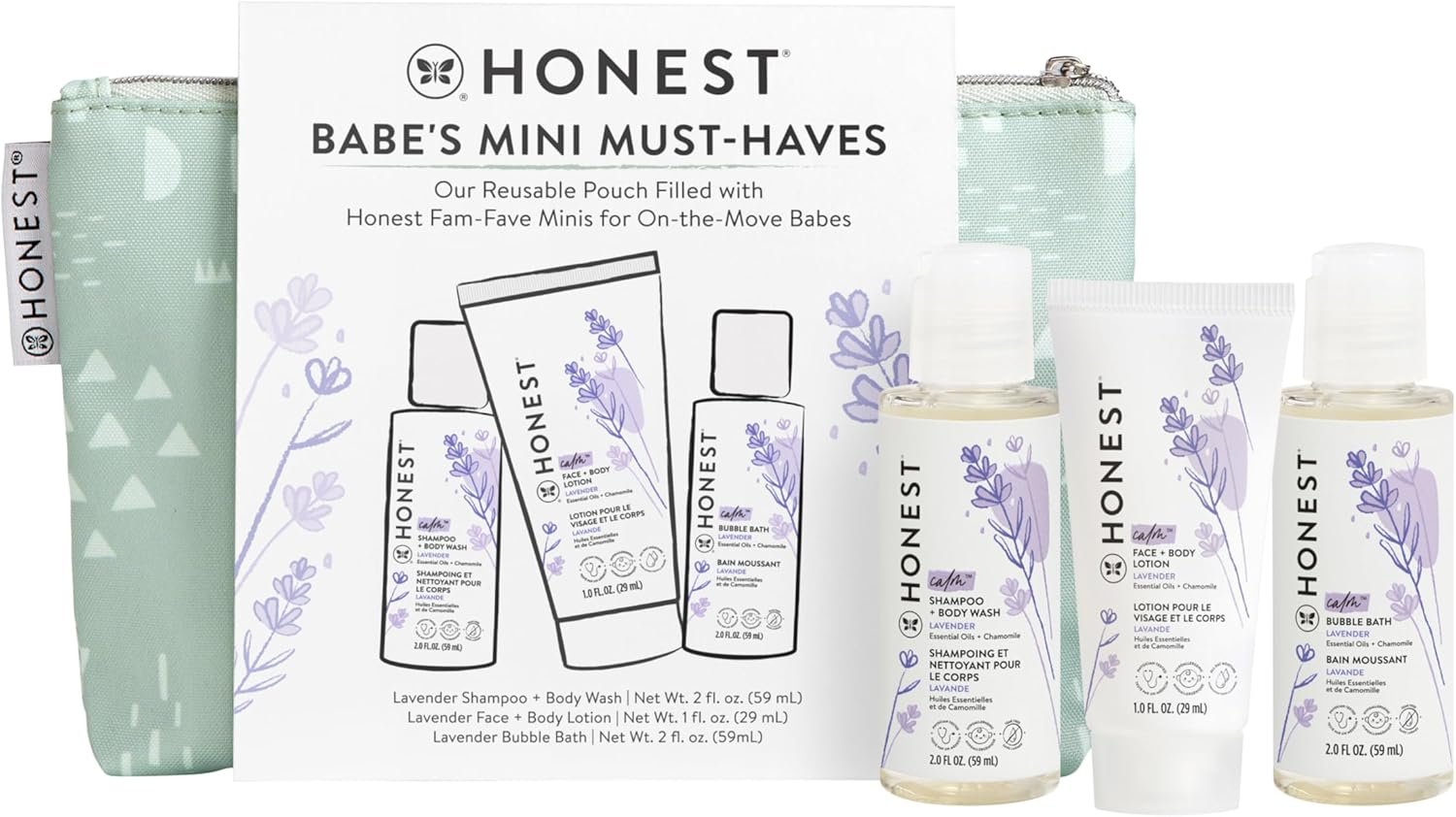 The Honest Company Babe’s Mini Must Haves Gift Set Travel Size Hypoallergenic Lavender Bathtime Essentials Shampoo Body Wash (2 fl oz) Face Lotion (1 Bubble Bath