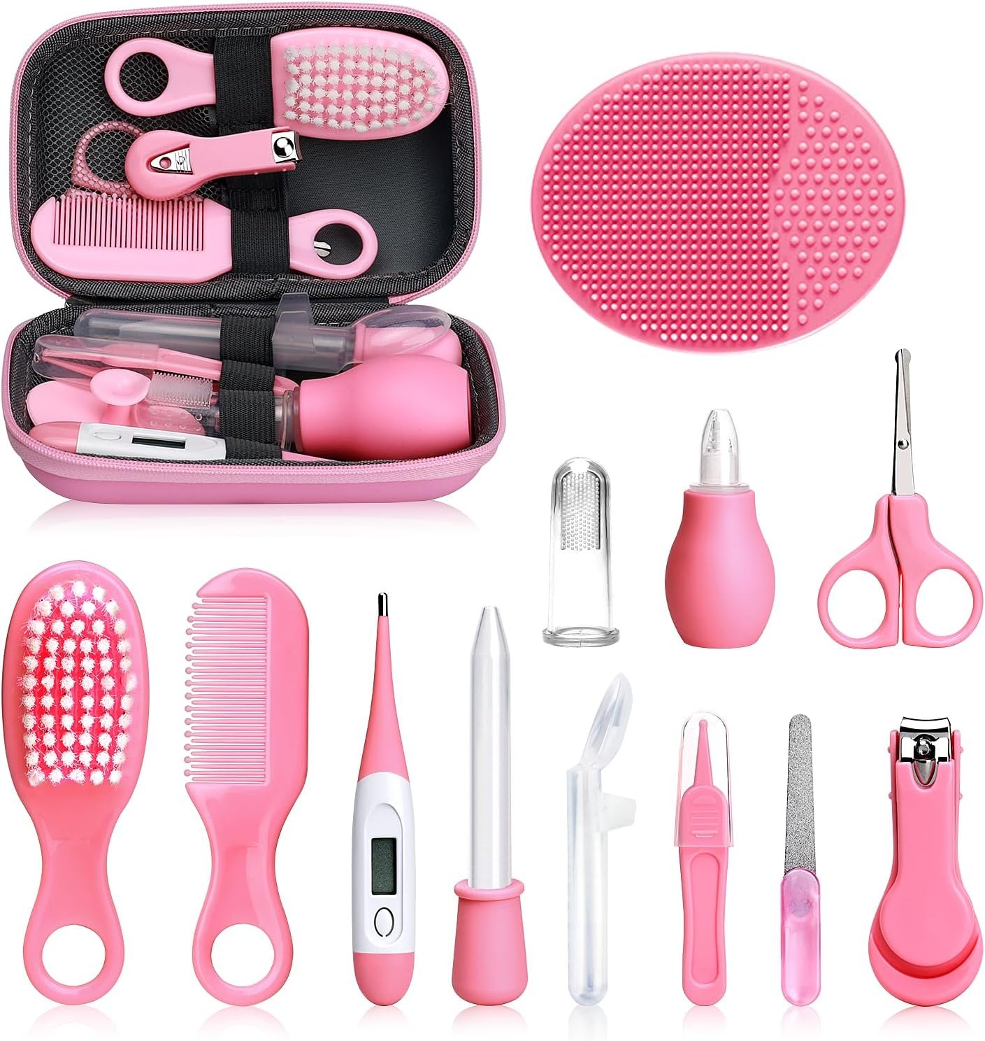 Baby Grooming and Healthcare Kit, Infant Safety Care Set with Hair Brush Comb Nail Clipper Nasal Aspirator,Baby Essentials Kit for Newborn Girls Boys (13 in 1, Pink)