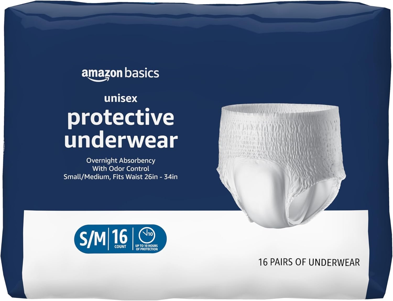 Amazon Basics Unisex Protective Underwear, Overnight Absorbency, Small/Medium, 16 Count