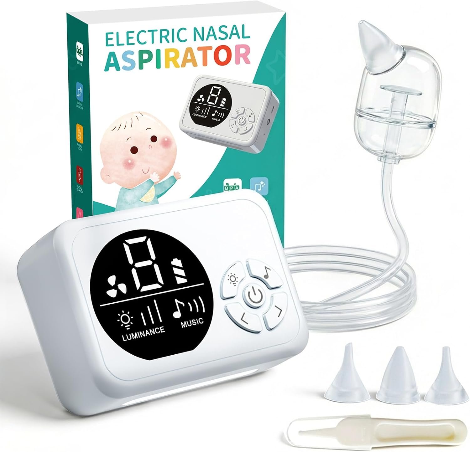 Nasal Aspirator for Baby, Hospital-Grade Nose Sucker for Baby with 9 Levels Suction, 3 Silicone Nozzles Electric Nose Suction with Night Light and Nursery Rhyme Soothing for Toddler & Newborn & Kids