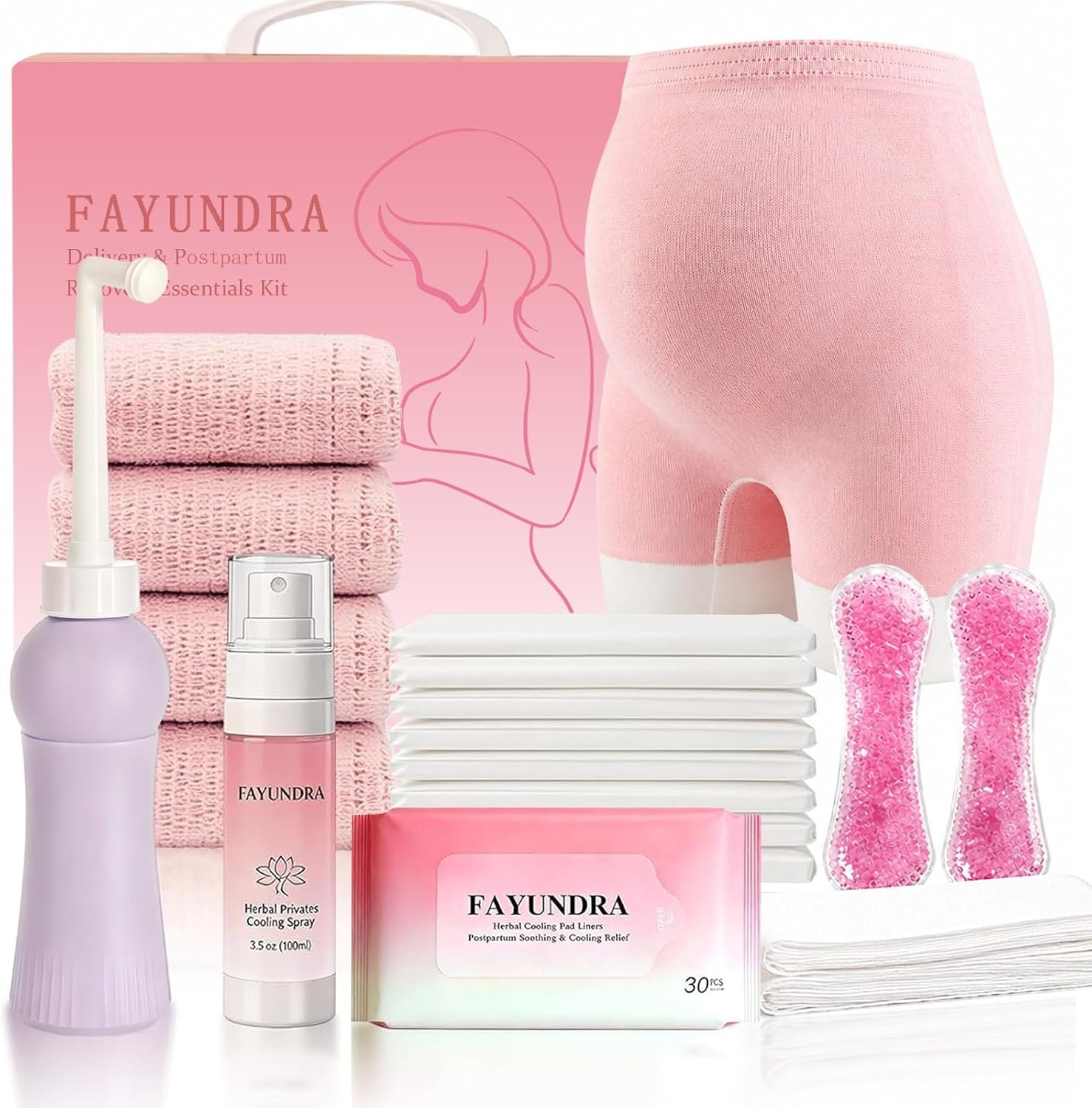 Postpartum Recovery Kit for Mom After Birth, Recovery Essentials with Peri Bottle, Cooling Spray, 4 Disposable Underwear, 30 Pad Liners & Hot Cold Packs