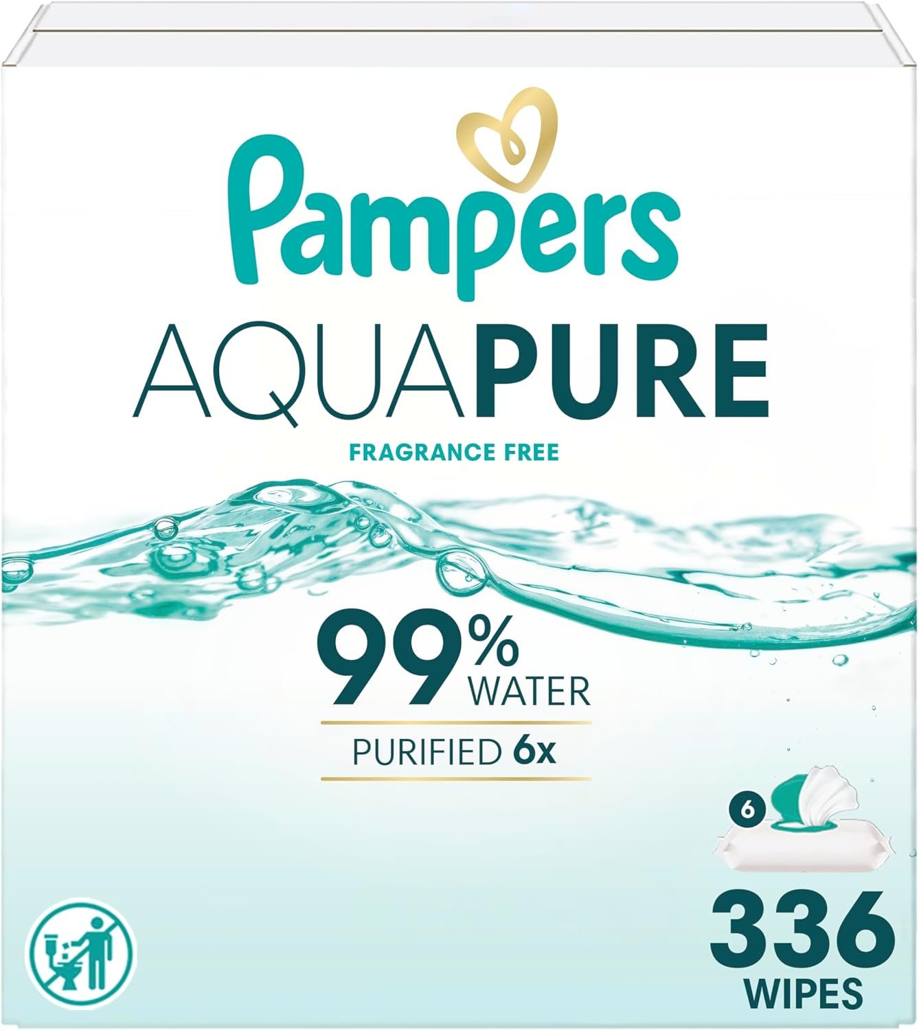 Pampers Aqua Pure Baby Wipes, 99% Water, Fragrance Free, Unscented, Water Based, Multi-Use, 336 Wipes Total (6X Flip-Top Packs) [Packaging May Vary]