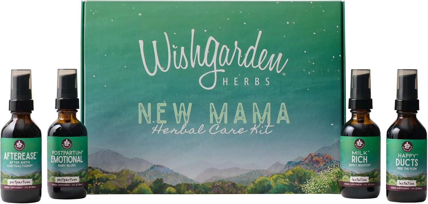 WishGarden Herbs Postpartum Essentials Kit – Herbal Tinctures for Breastfeeding Support, Lactation, After Birth Comfort & Mood, 4-Bottle New Mom Gift Set