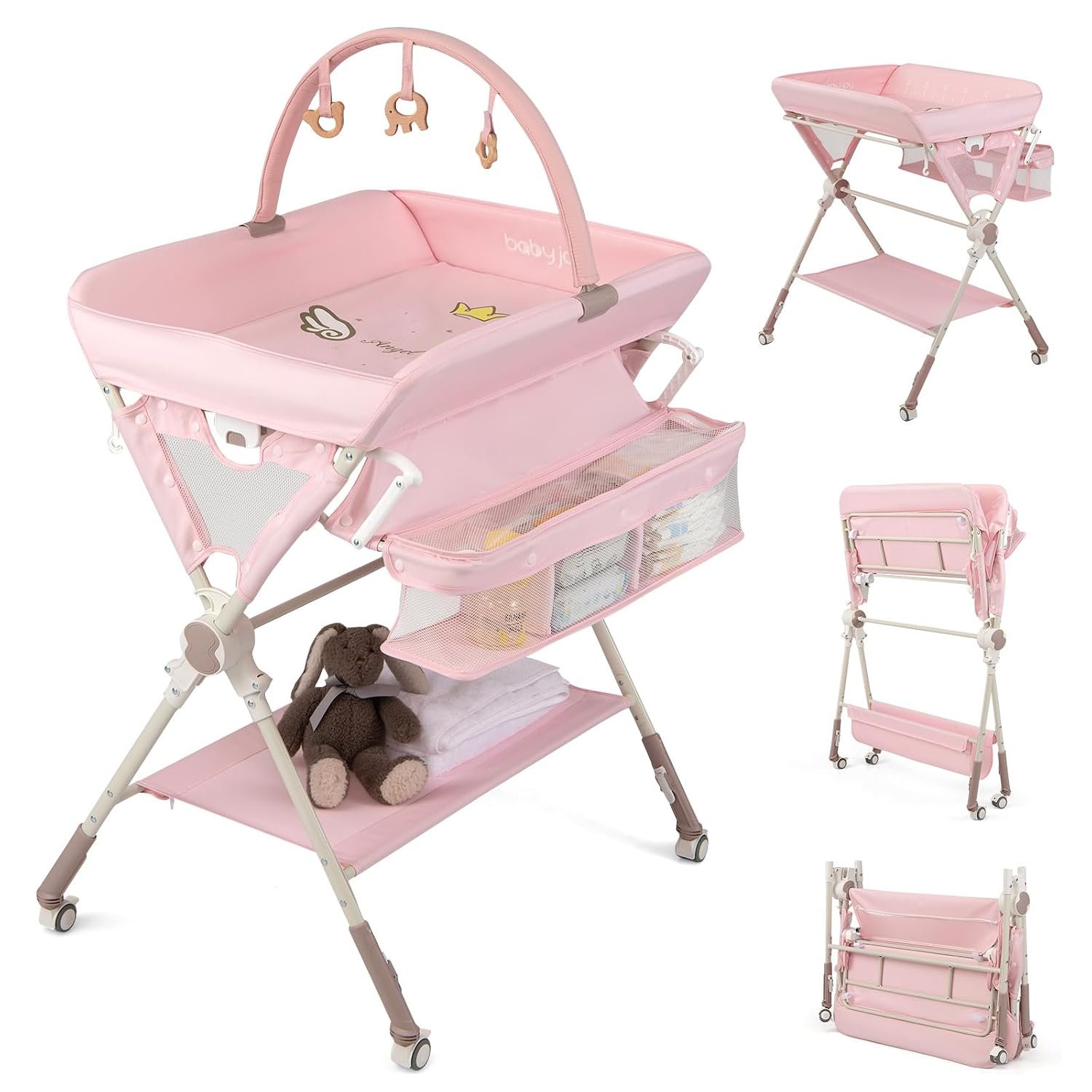 BABY JOY Portable Baby Changing Table, Foldable Diaper Changing Station with Wheels, Adjustable Height, Large Storage Rack, Removable Activity Arch, Mobile Nursery Organizer for Newborn Infant (Pink)