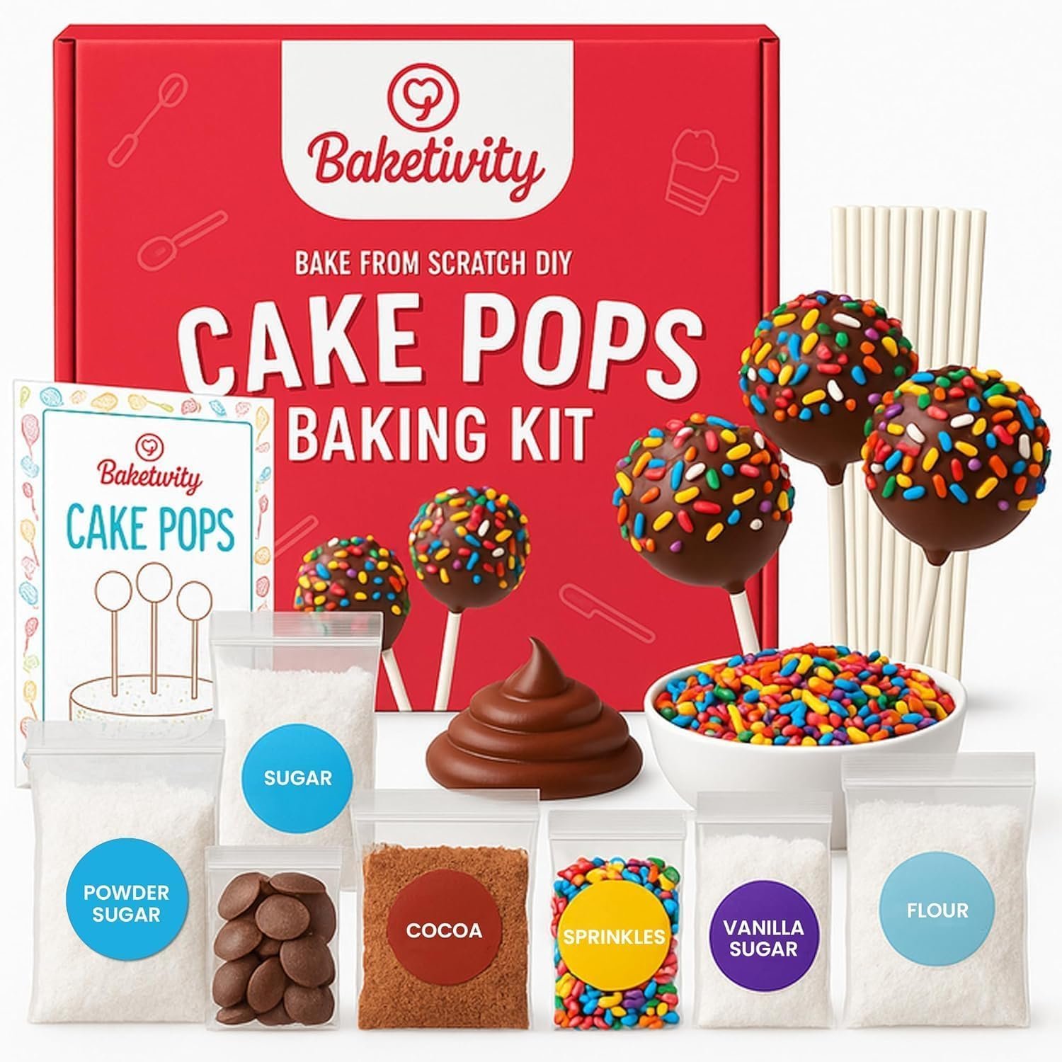 Baketivity DIY Cake Pop Baking Kit for Kids – Premeasured Ingredients, Decorating Supplies