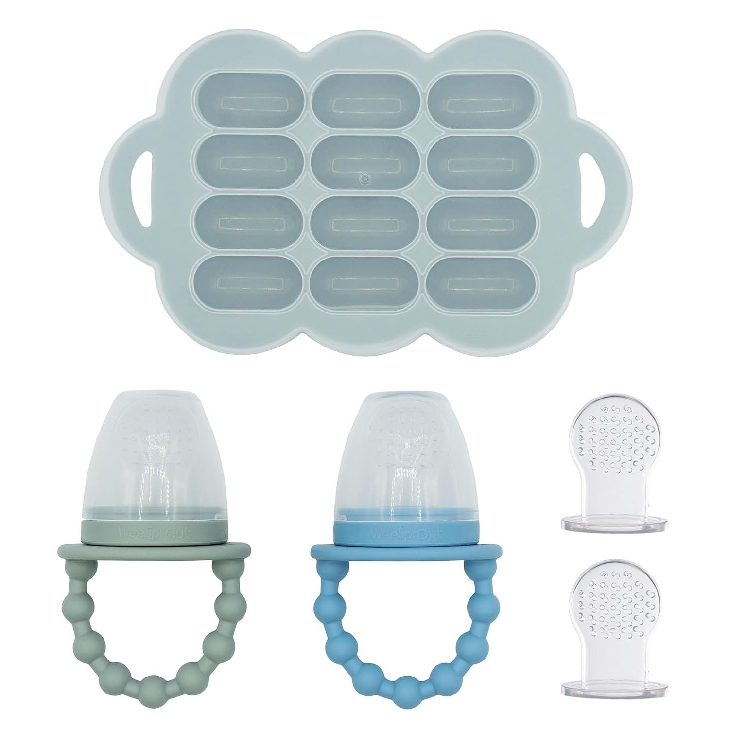 WeeSprout Baby Food Feeder Set – 2 Silicone Feeders & Reusable Freezer Tray with Lid – BPA-Free Fresh Fruit & Veggie Pacifier for Babies & Toddlers – Double as Teething Toys – Dishwasher Safe